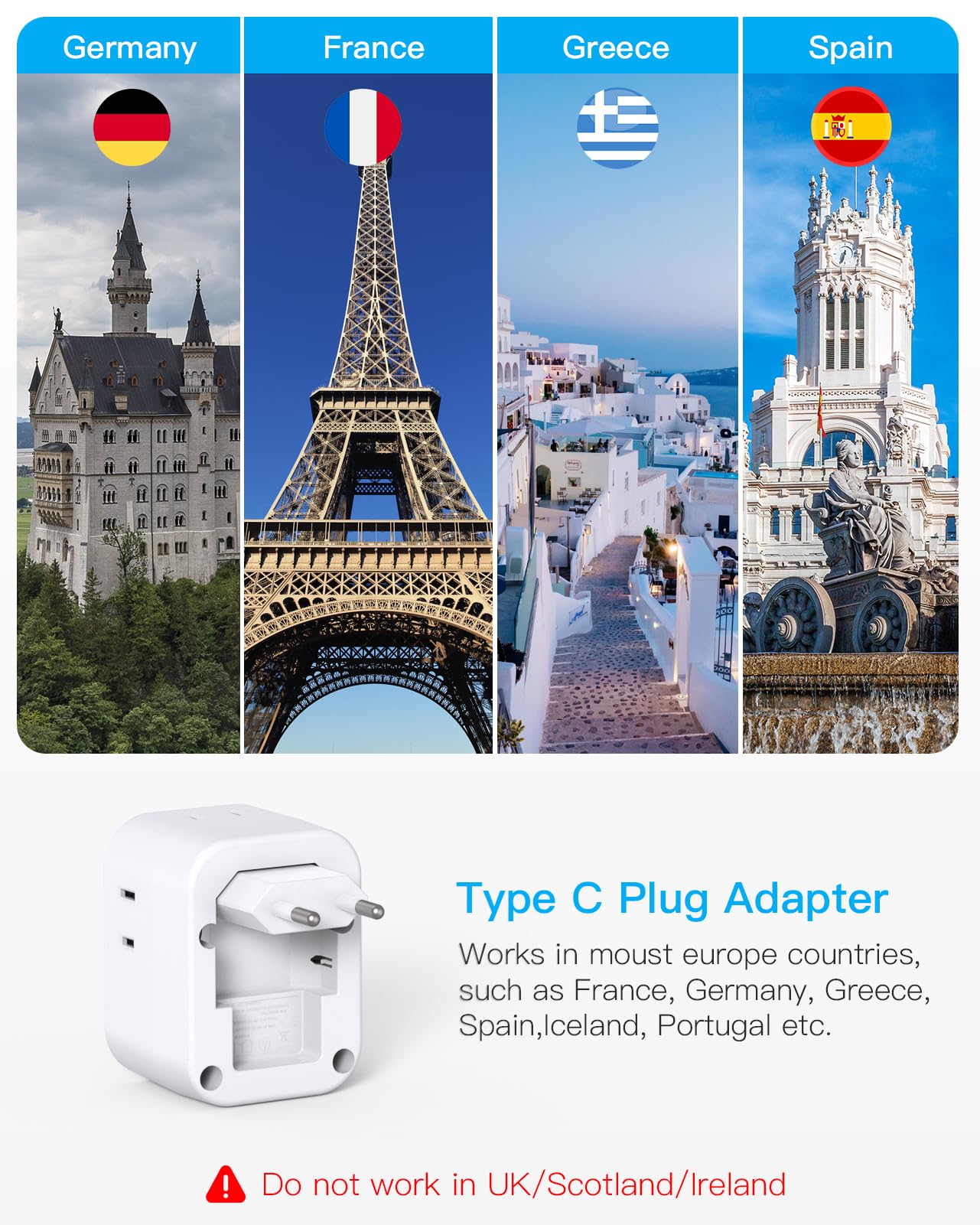 2 Pack European Travel Plug Adapter, International Power Adapter With 4 Outlets 4 Usb C Ports (2 Usb C), Foldable Type C Adapter