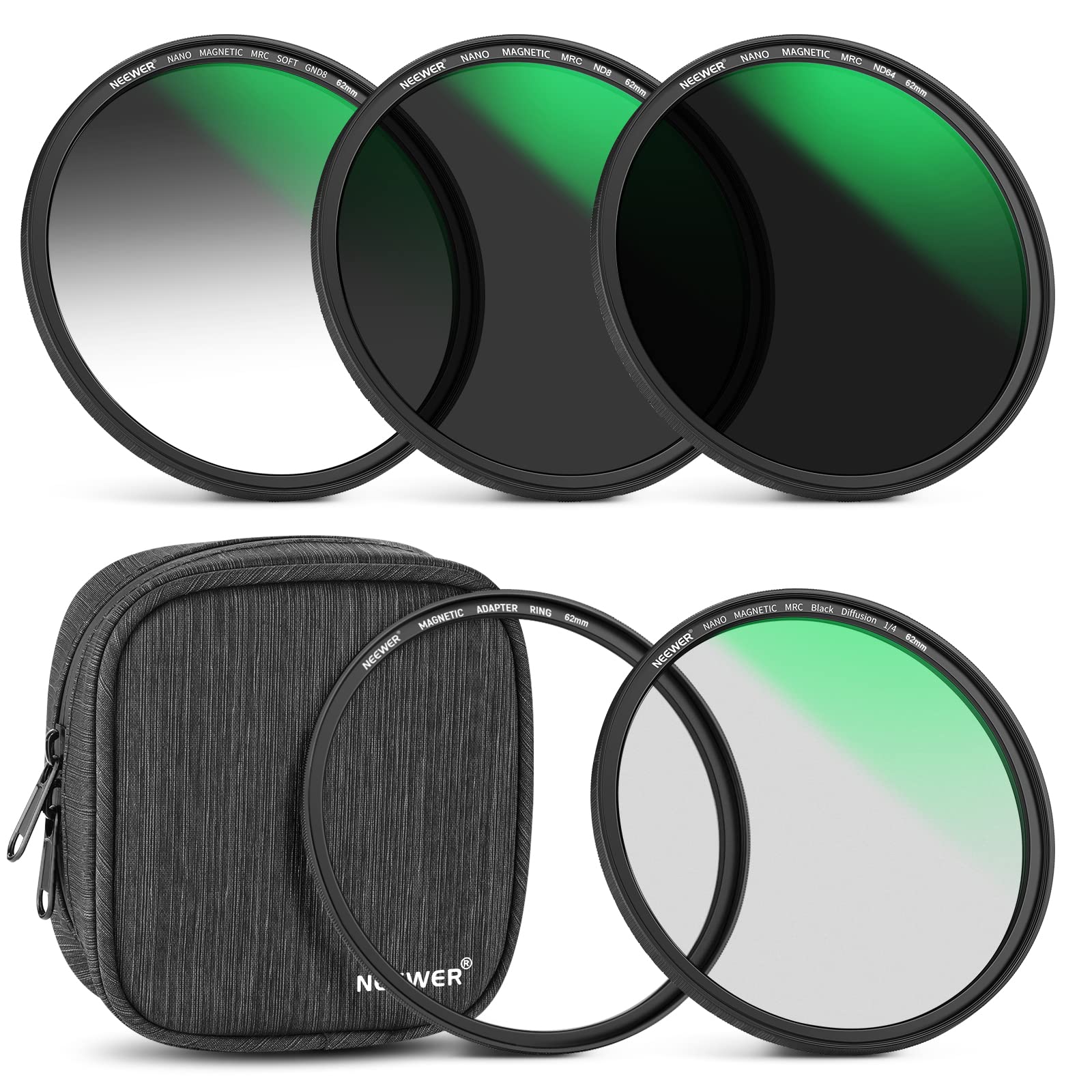 Neewer 62Mm 5 In 1 Magnetic Nd Lens Filter Set, Black Diffusion 1/4 Filter, Soft Gnd8, Nd8, Nd64 Magnetic Adapter Ring, Hd Optic