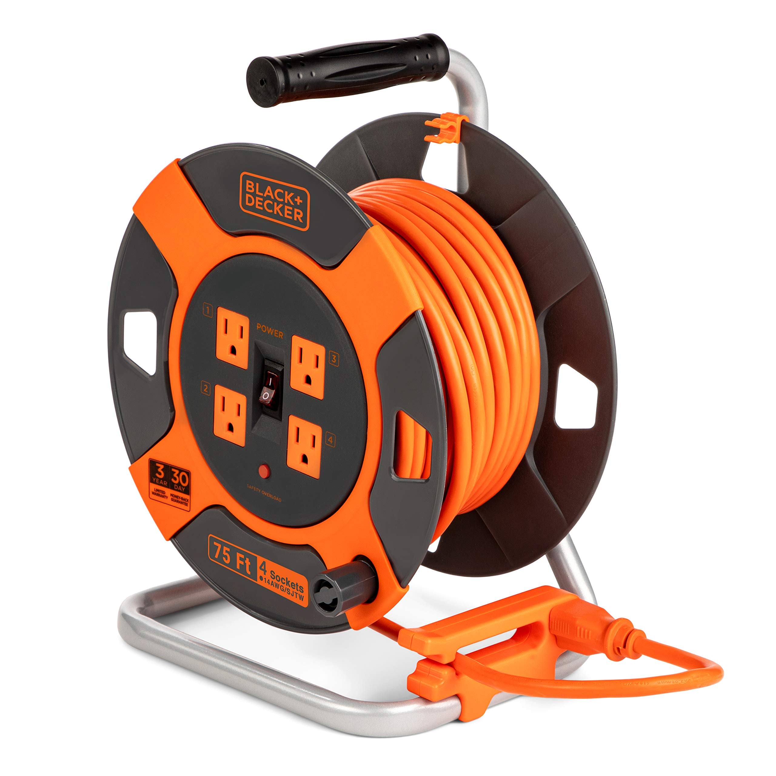 Black+Decker 75 Ft. Retractable Extension Cord Reel With 4 Outlets, Multi Plug Extension, Easy Handle Rewind & Heavy Duty 14Awg