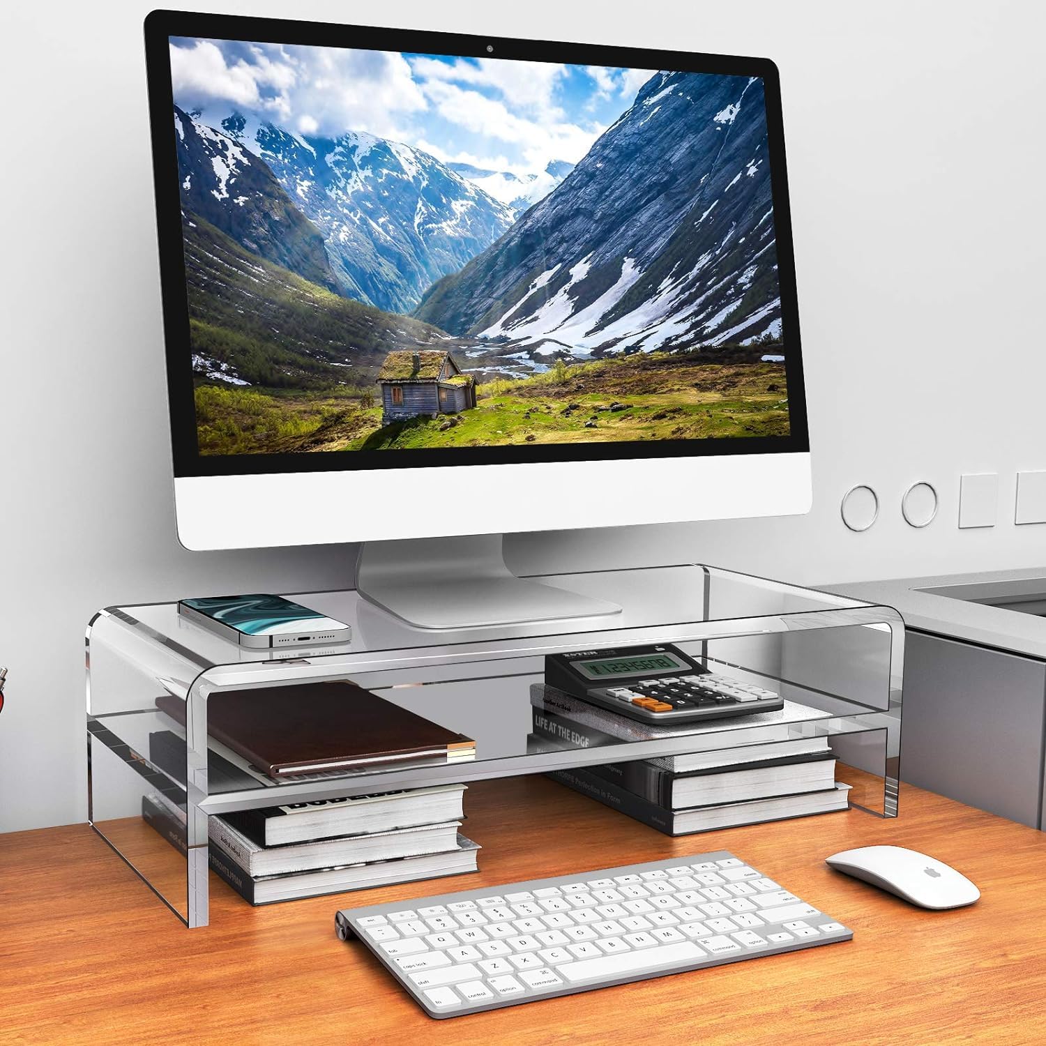 Egchi Acrylic Monitor Stand, 2 Tiers Computer Monitor Riser(20X8X5.5 Inch), Monitor Riser/Computer Stand For Home,Office,Busines