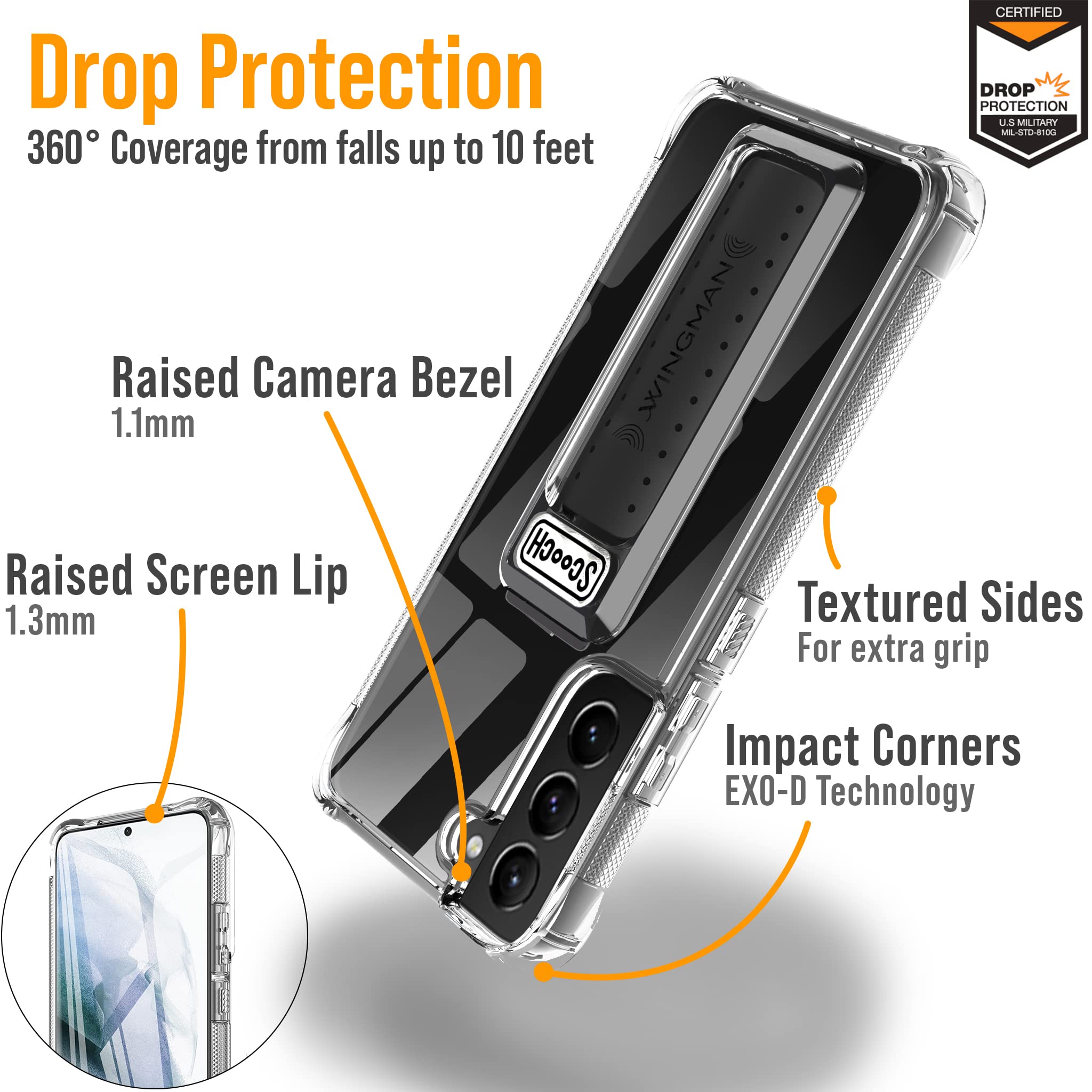 Scooch Wingman Case With Pop Out Car Mount, Grip, And Kickstand For Samsung Galaxy S22 Case [10 Ft Drop Protection] Slim Phone C