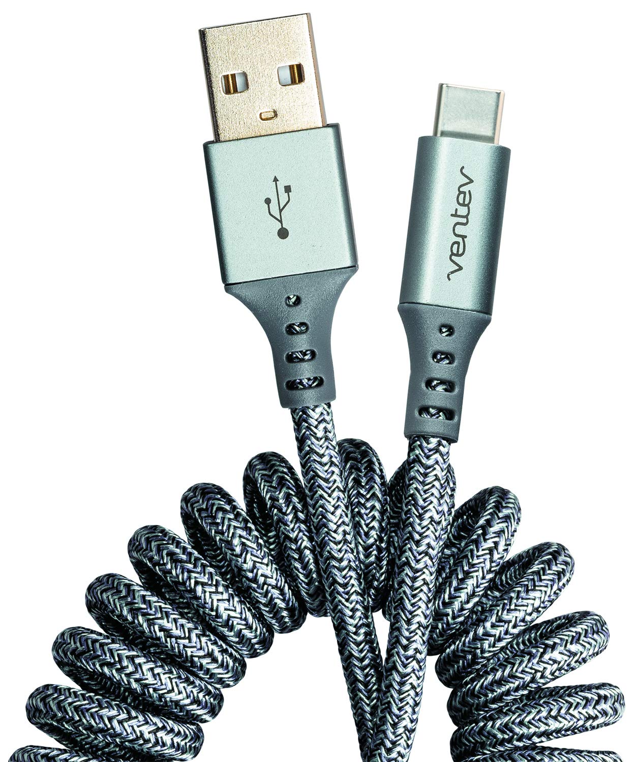 Ventev  Chargesync Helix Cable 14 (Expandable) USB A to USB C, Cloth Covered, Braided Cable, Flexible Elastic Recoil Design, F