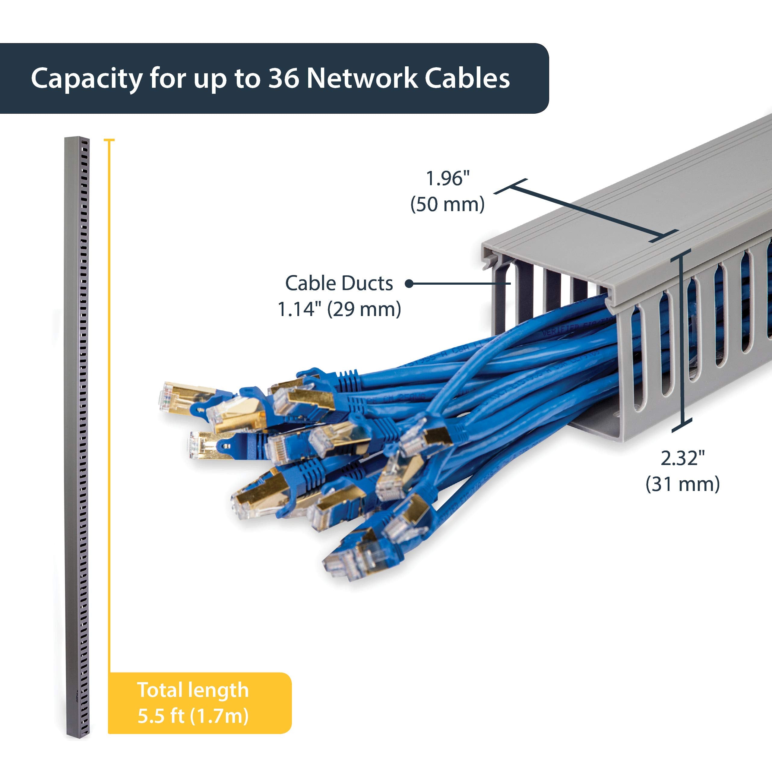 StarTech.com 2x2in Open Slot Wiring Cable Raceway Duct with Cover, Server Rack Cable Management, Cable Cover Duct, Cord Hider / Organizer, PVC Cable Manager, TAA Compliant (AD2X2)