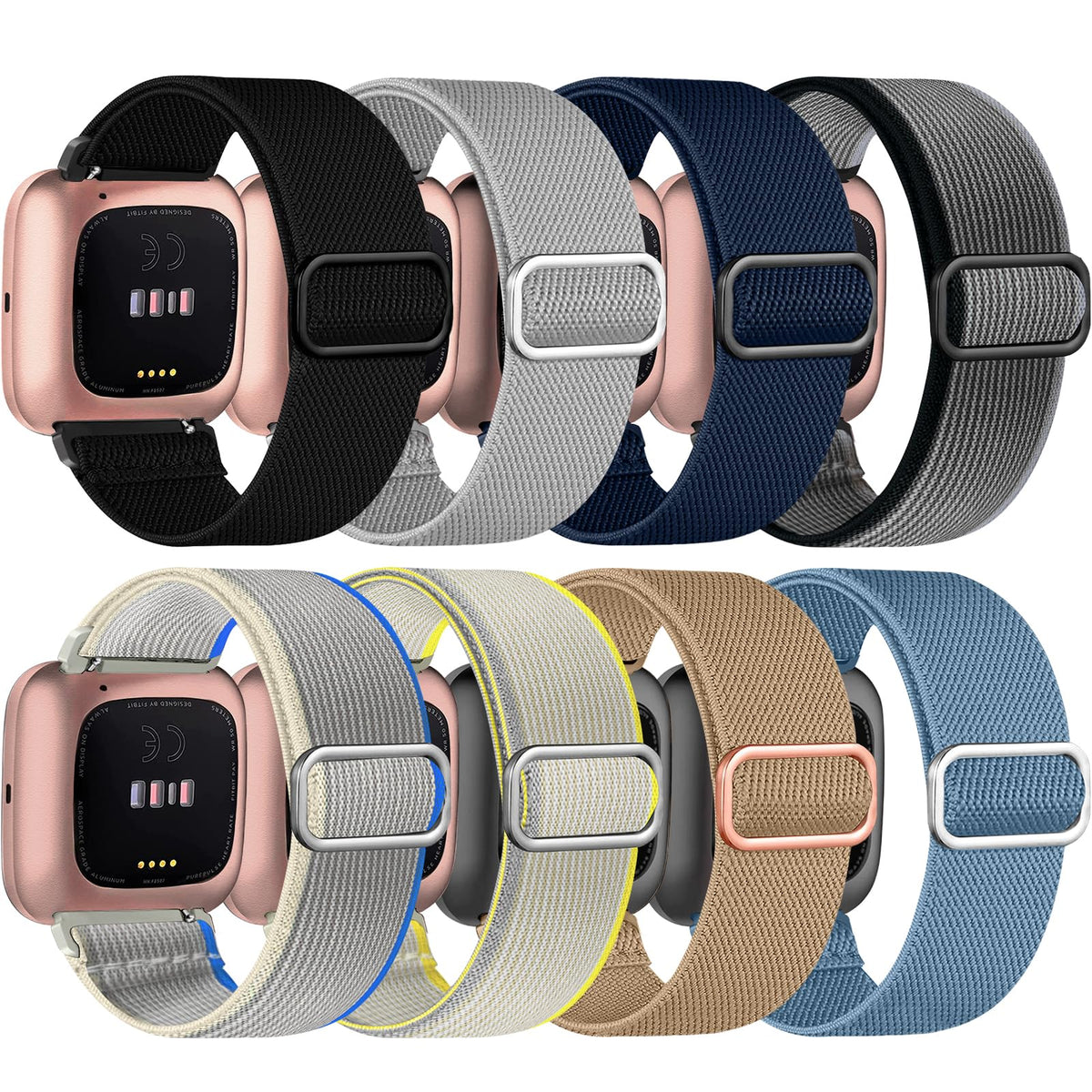 Zspoly 8 Pack Elastic Bands Compatible With Fitbit Versa 2/Lite/Se For Women Men, Adjustable Stretchy Nylon Braided Strap Solo L