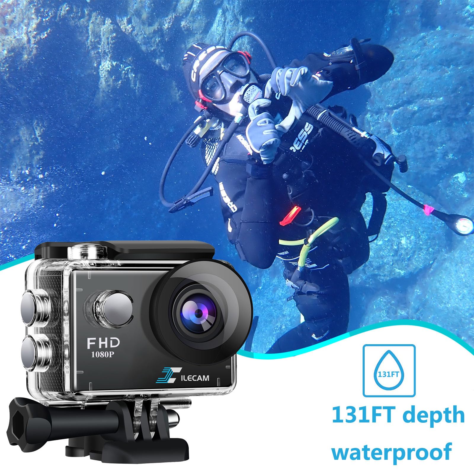Xilecam Action Camera 1080P 30Fps Sports Camera 40M/131Ft Underwater Waterproof With 2 Batteries And Multi Function Accessory