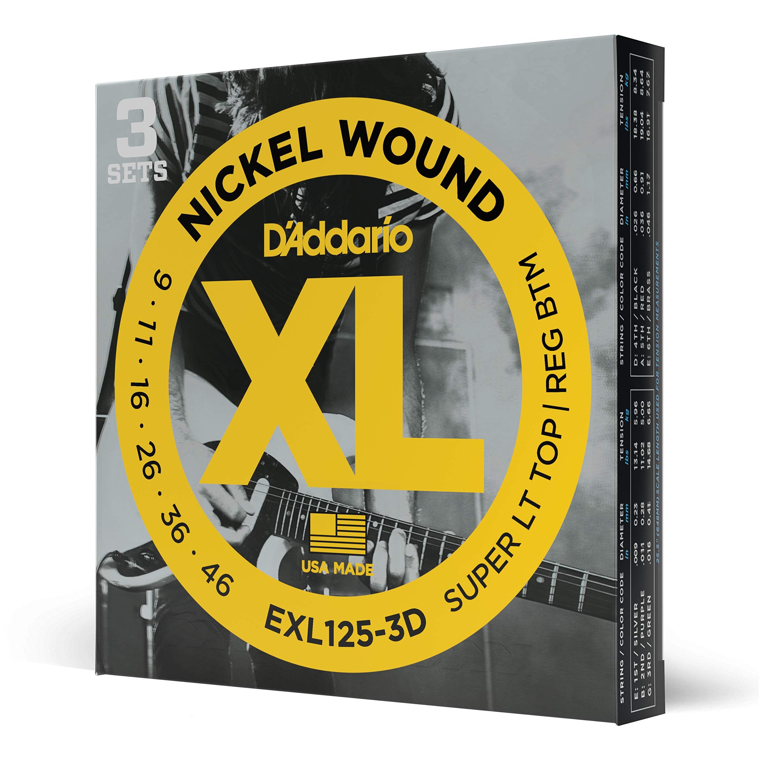 Daddario Exl125 3D Nickel Wound Electric Guitar Strings, Super Light Topregular Bottom, 9 46, 3 Sets