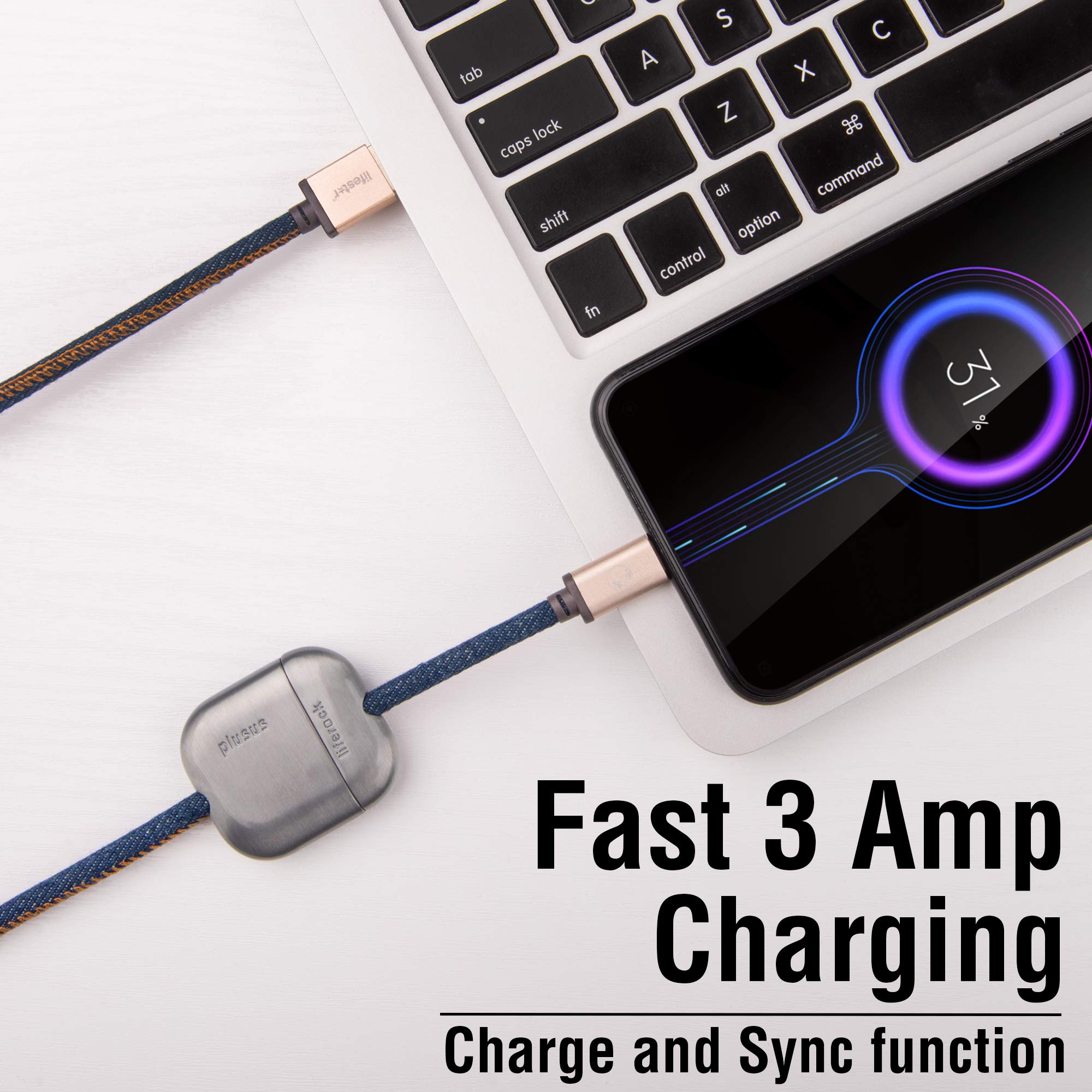 Plusus Liferock 10 Ft (3M) Extra Long Usb C To Usb Cable Handcrafted In Stitched Denim Featuring An Adjustable Alloy Weight