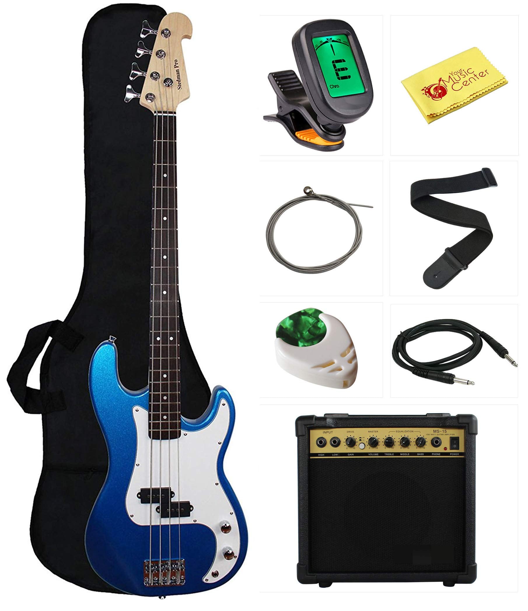 Stedman Beginner Series Bass Guitar Bundle With 15 Watt Amp, Gig Bag, Instrument Cable, Strap, Strings, Picks, And Polishing Clo