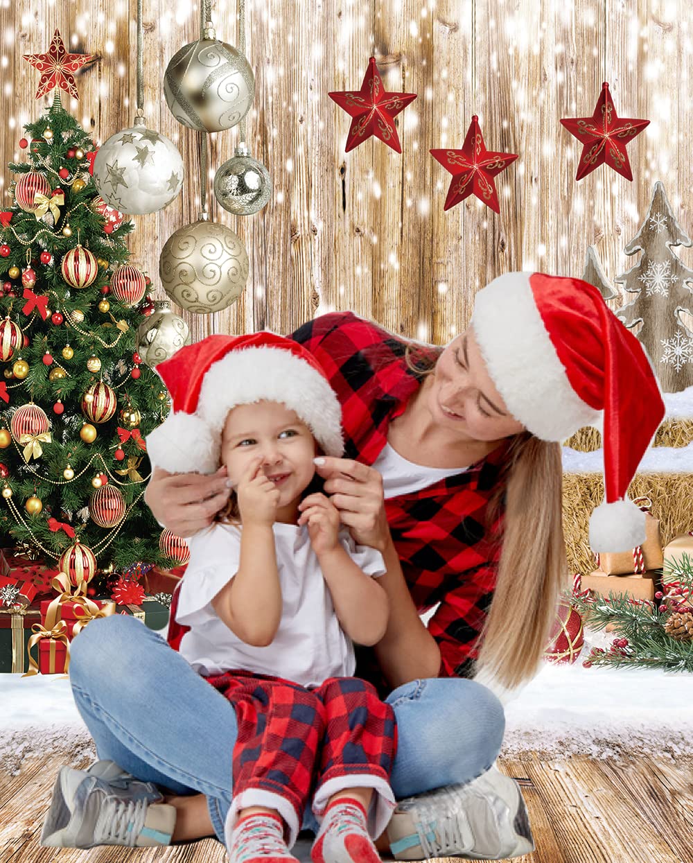 Chaiya 5X7Ft Christmas Backdrop Wood Floor Backdrop Winter Snow Xmas Tree Gift Christmas Family Party Background New Year Party