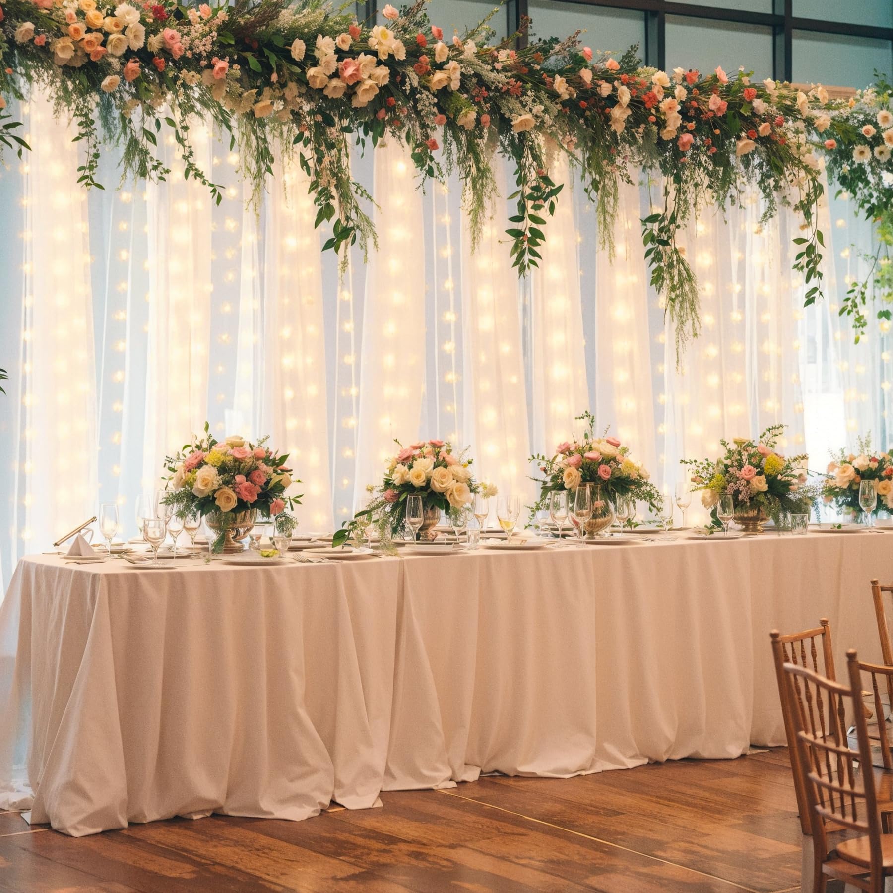 10Ft X 10Ft White Sheer Tulle Backdrop Curtains With Lights String For Party Wedding Wrinkle Free Curtain Backdrops Drapes For B