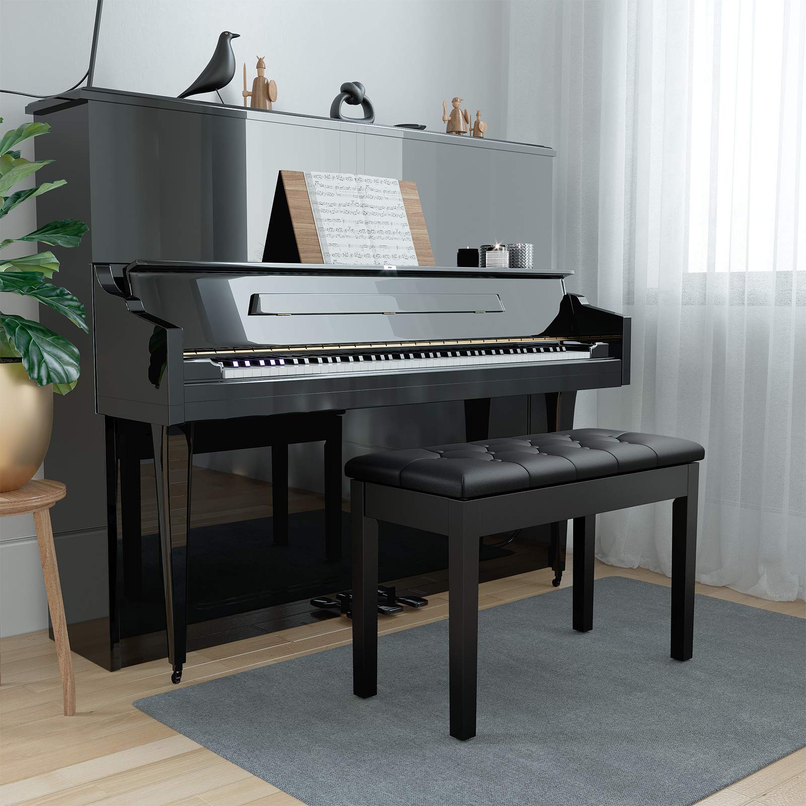 Songmics Duet Piano Bench With Padded Cushion And Storage Compartment For Music Books, Tufted Wooden Seat, Black Ulpb074B01