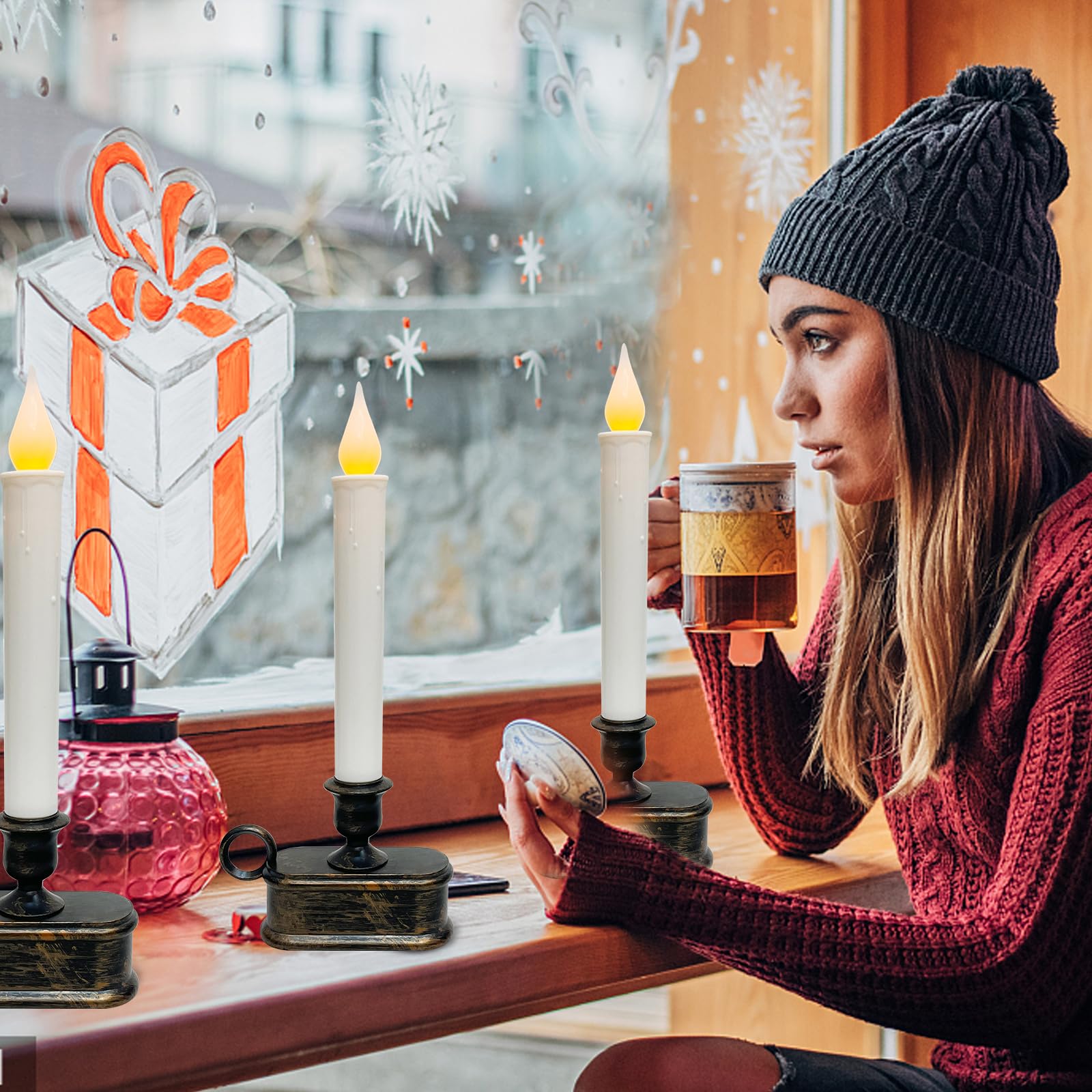 4 Pack Christmas Led Candle Lamps With Sensor, 10Inch Battery Operated Window Candles With Flickering Flame For Indoor Bedroom C