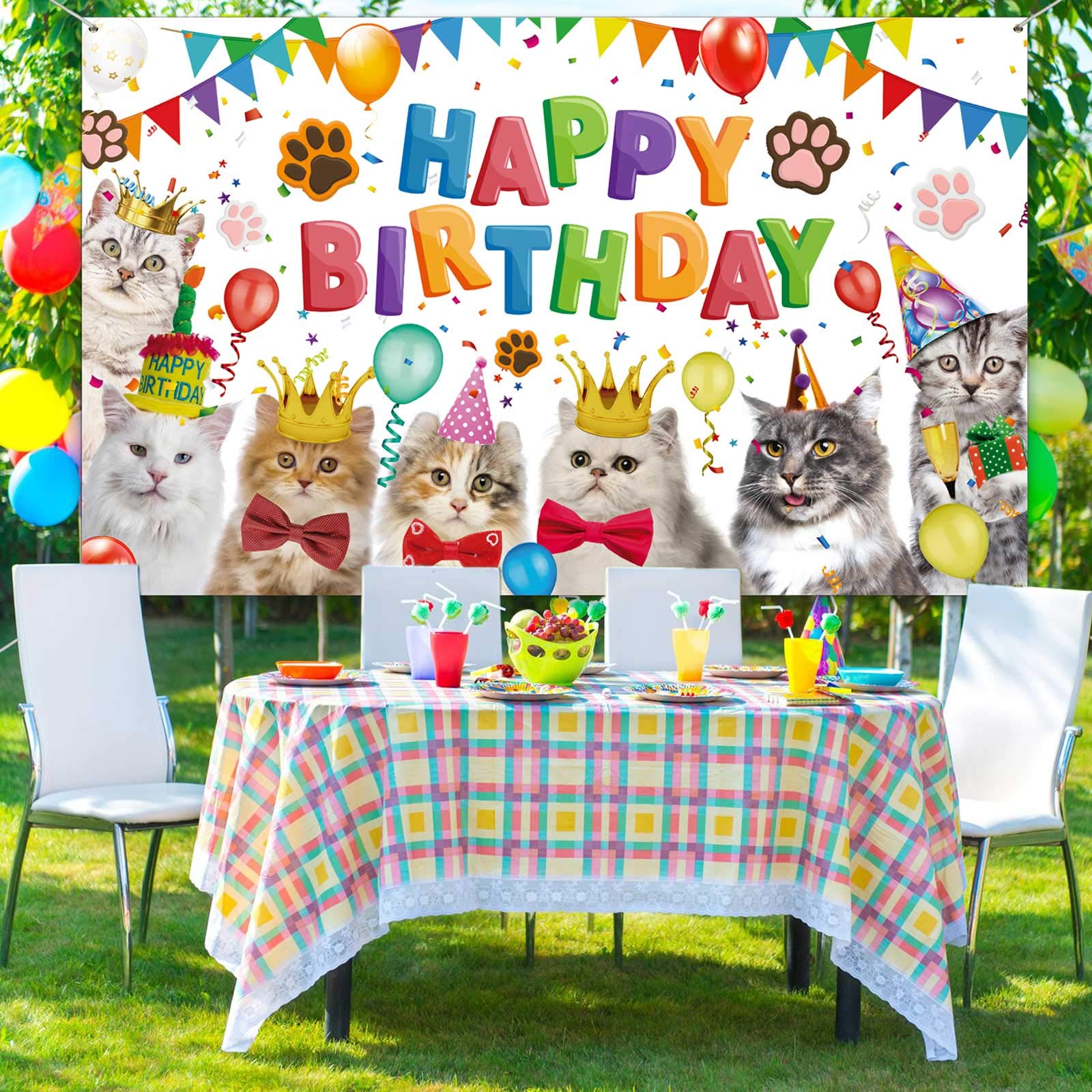 Tatuo Cat Birthday Decorations Happy Birthday Backdrop Kitten Cat Theme Party Photo Backdrop Photography Background Pet Paw Birt