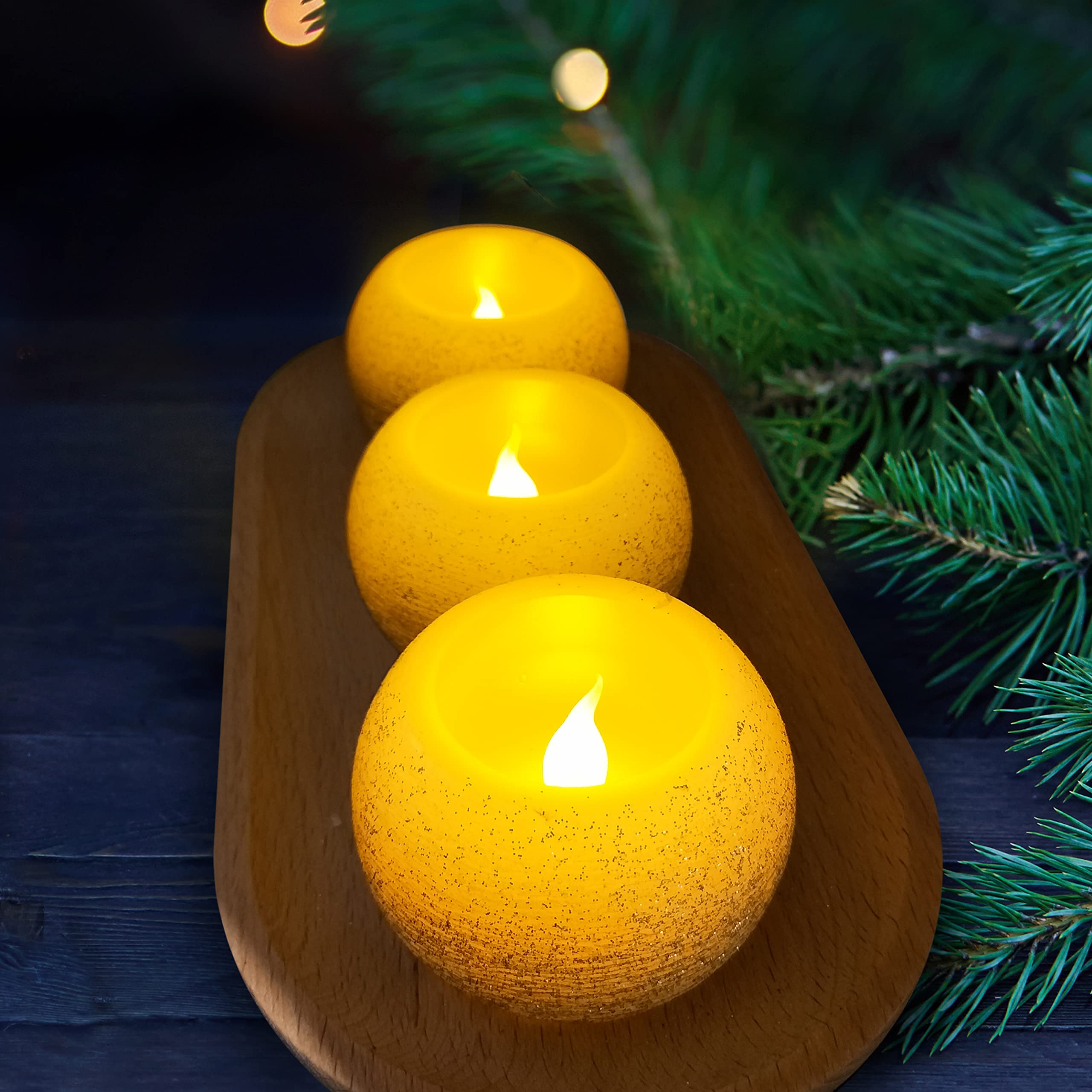 Furora Lighting Gold Glittery Real Wax Flameless Candles Pack Of 3, Led Flickering Round Candles Perfect For Wedding D  Cor, 2.4