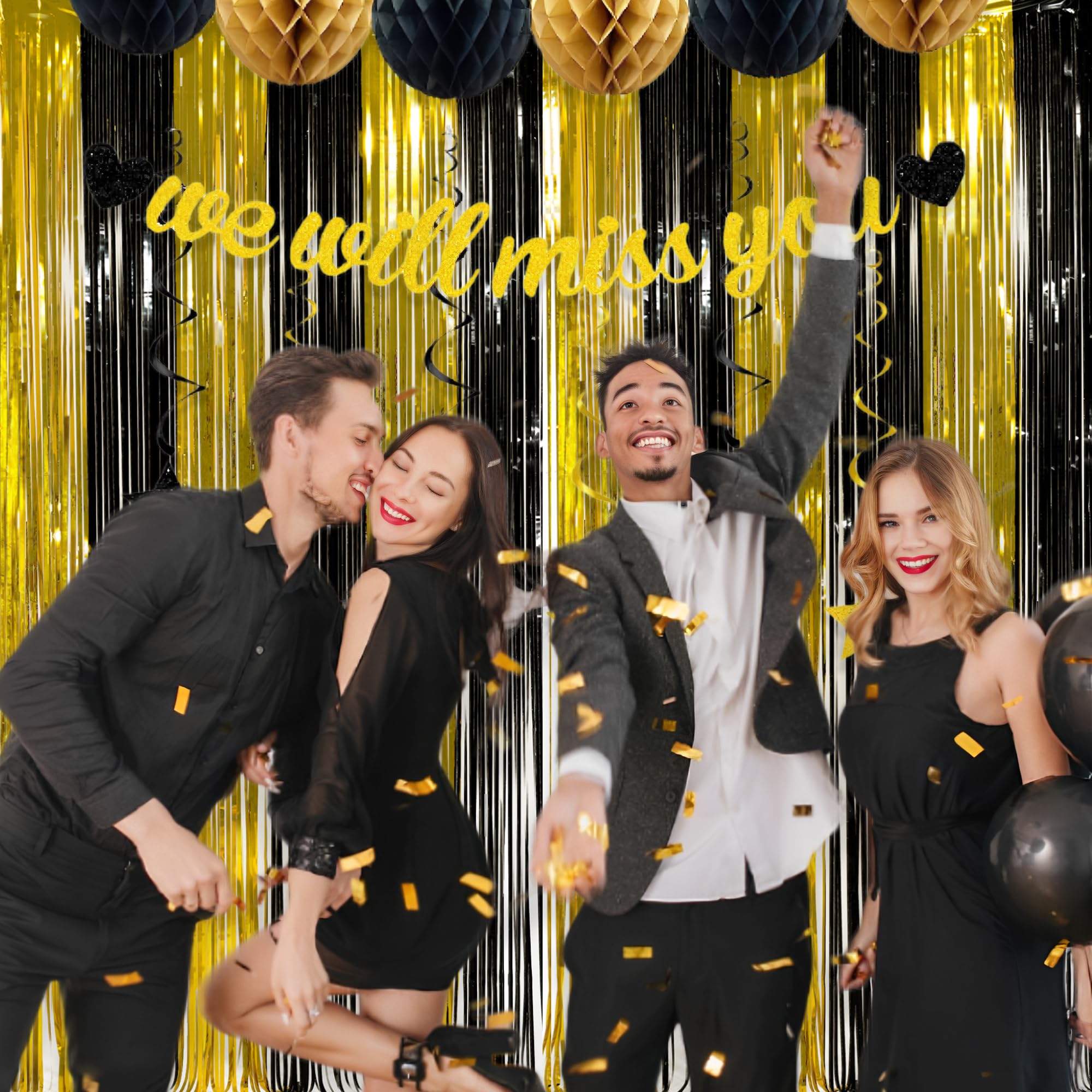 Malanku 2 Pack Black And Gold Party Decorations - 3.3 X 8.2Ft Gold Foil Fringe Curtain Black Tinsel Backdrop Photo Booth Props F