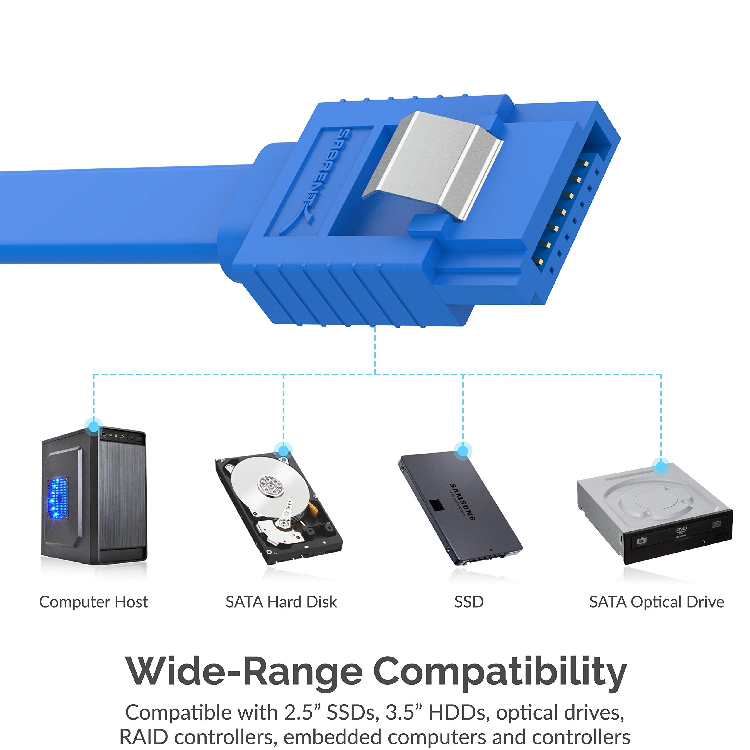 Sabrent Sata Iii (6 Gbit/S) Straight Data Cable With Locking Latch For Hdd/Ssd/Cd And Dvd Drives (3 Pack 20 Inch) In Blue (Cb Sf