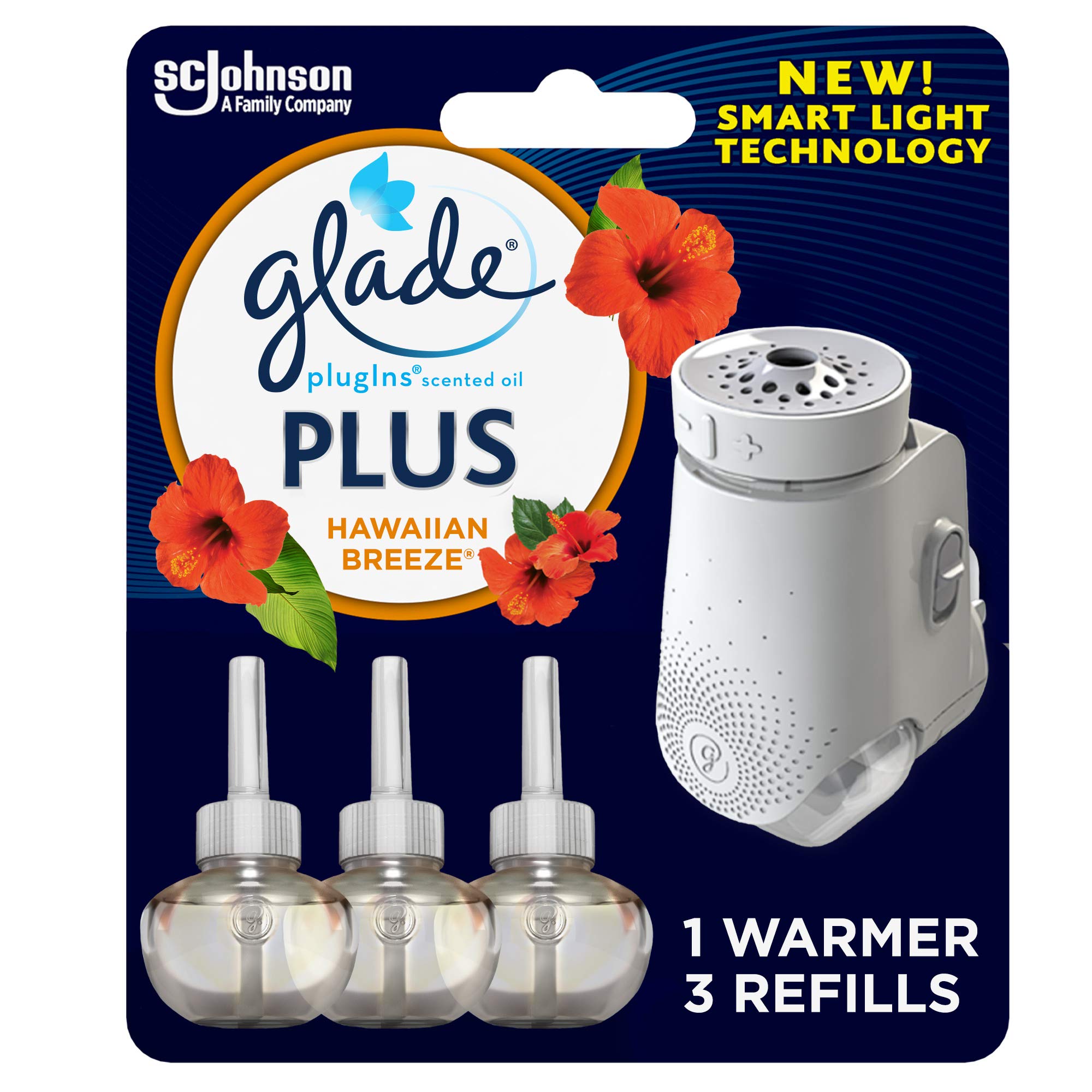 Glade Plugin Plus Air Freshener Starter Kit, Scented Oil For Home And Bathroom, Hawaiian Breeze, 2.01 Fl Oz, 1 Warmer + 3 Refill