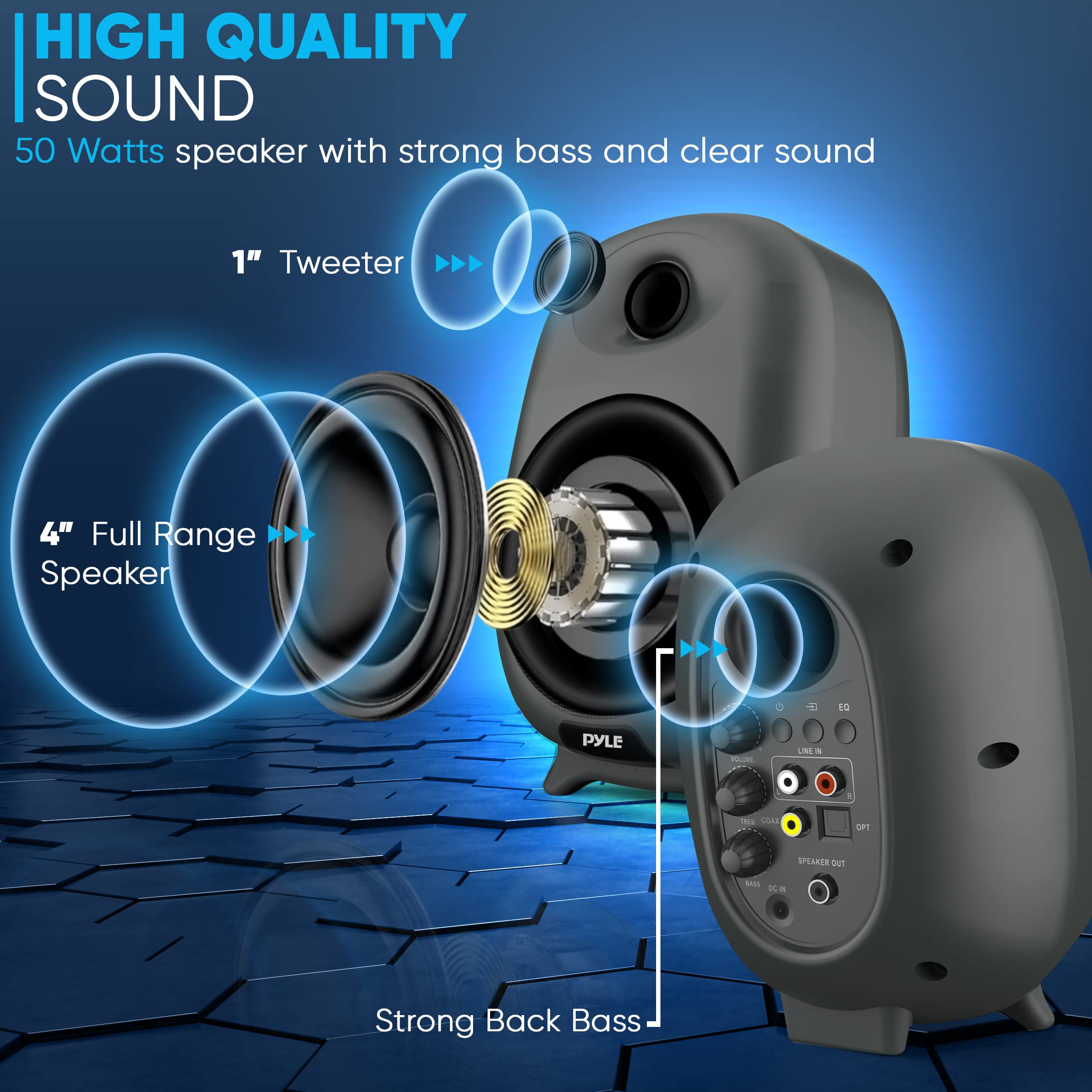 Pyle Powered Bookshelf Speakers- Bluetooth Studio Monitor Speaker Set, Tv & Pc Speaker, Desktop Hifi Stereo Speaker, Home Theatr