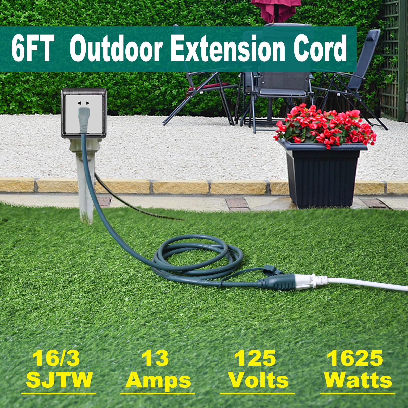 6Ft Green Outdoor Extension Cord For Christmas Light   16Awg Cold Weather Outdoor Extension Cord, Sjtw Extension Cable With 90 D