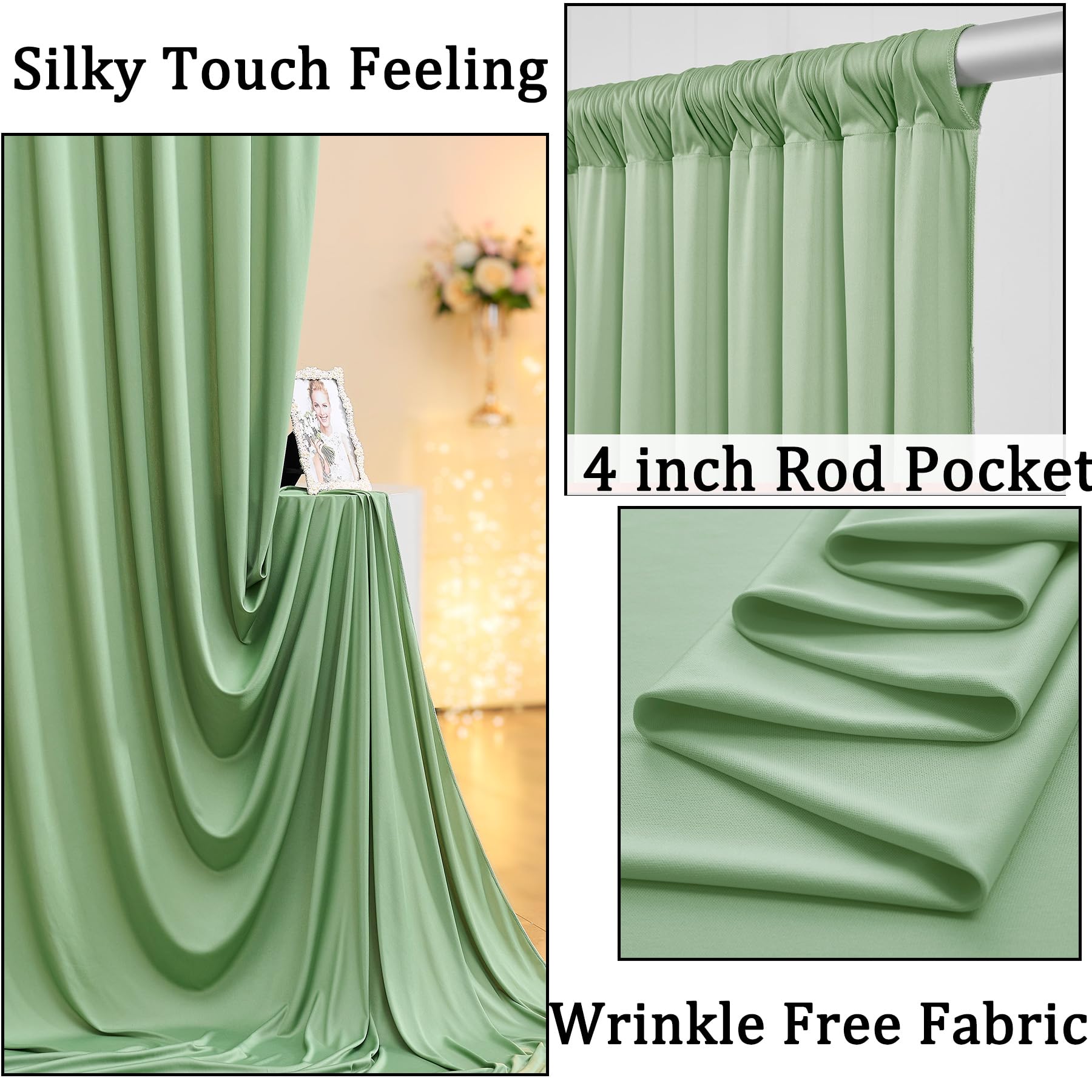 10Ft X 10Ft Wrinkle Free Sage Green Backdrop Curtains For Parties, Polyester Photo Backdrop Drapes 2 Panels 5X10Ft For Wedding B
