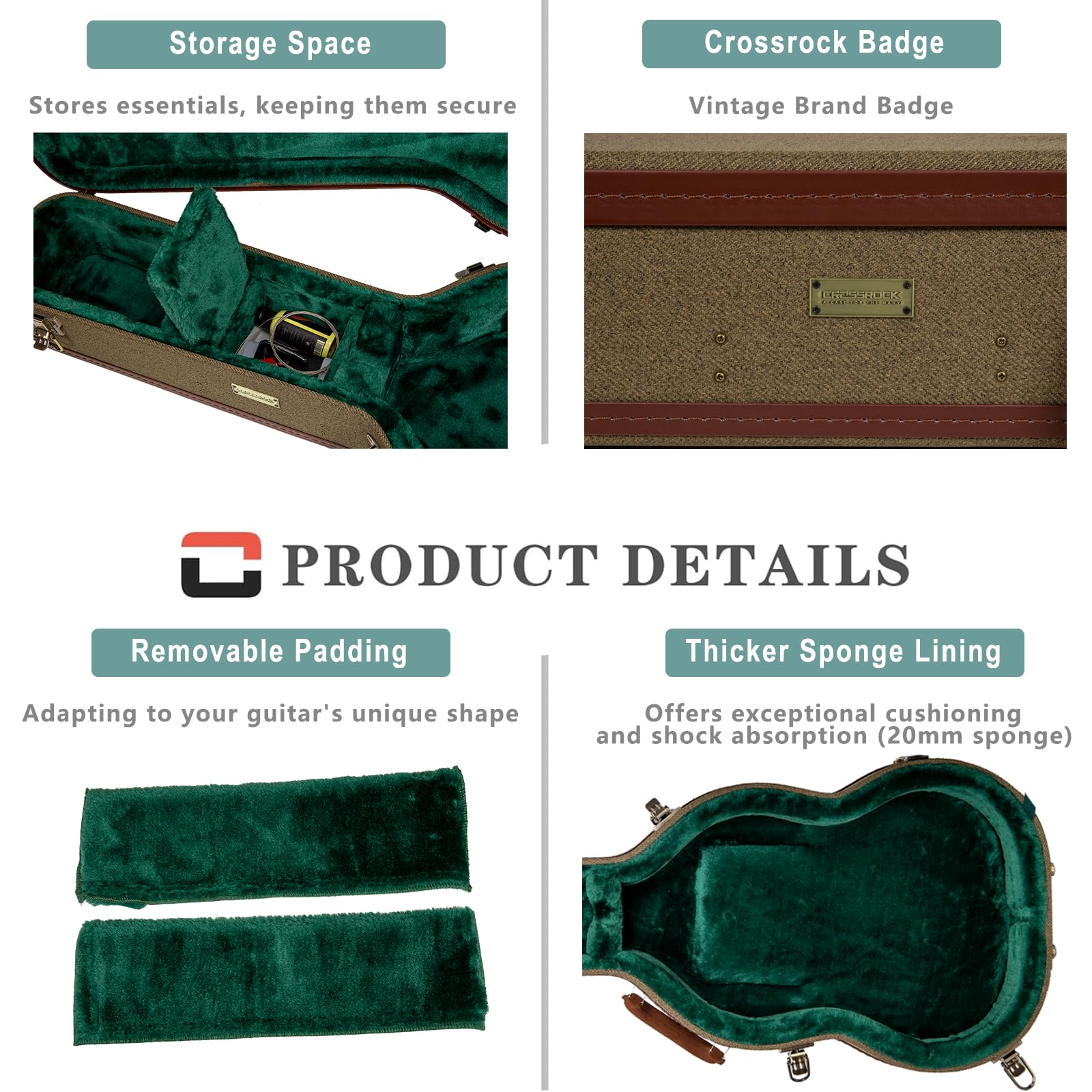 Crossrock Master Series Classical Guitar Case For 4/4 Nylon String | Olive Green Eco Tweed Fabric, Re-Engineered Shell, Leather
