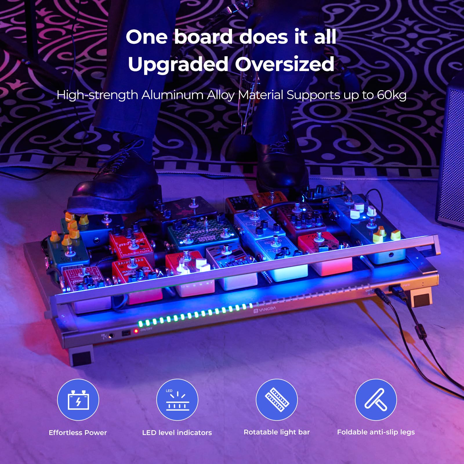 Vangoa Guitar Pedal Board With Built In Isolated Power Supply, Pd L Aluminum Alloy Folding Powered Guitar Pedalboard With Adjust