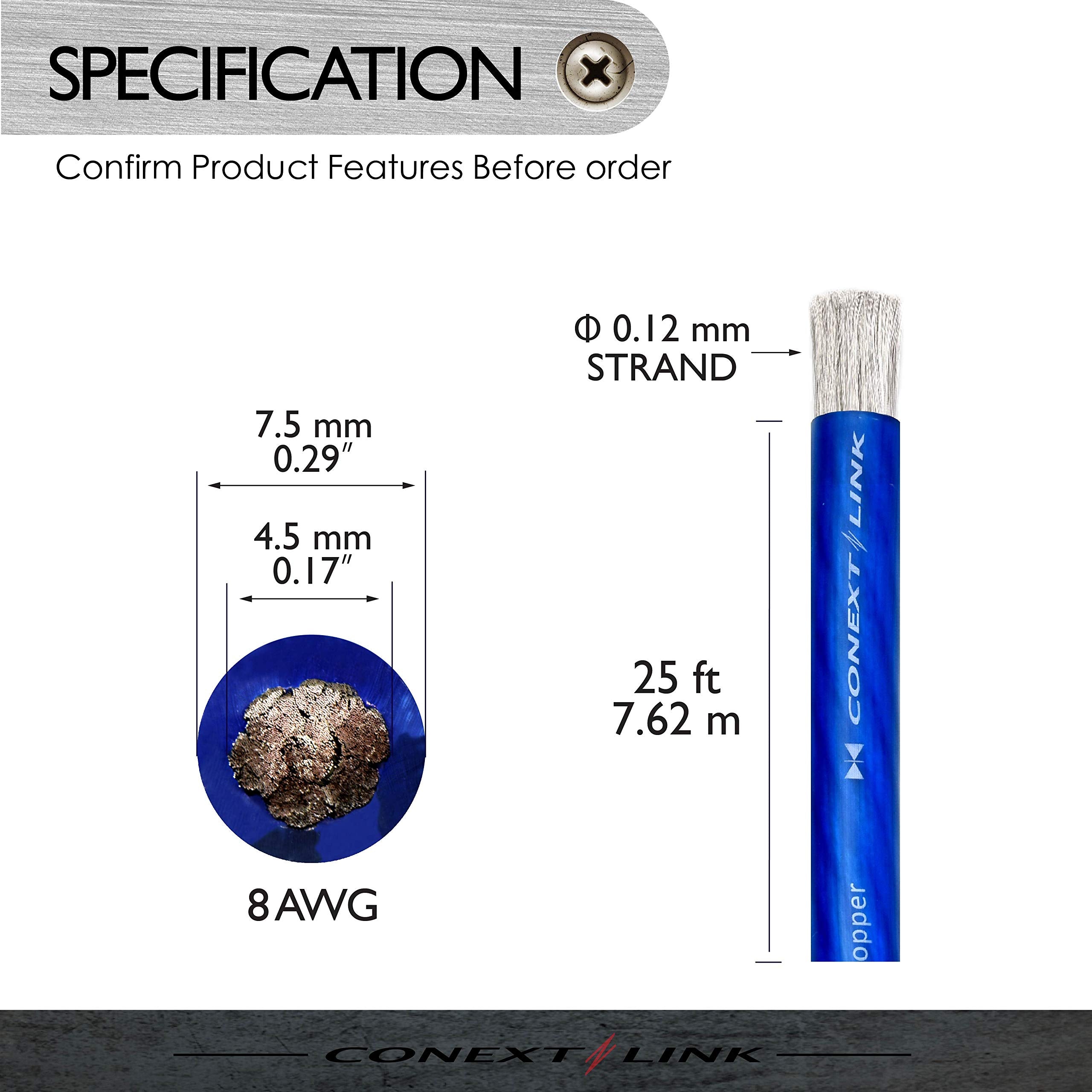 Conext Link 25 Ft 8 Awg Ga Full Gauge Battery Power Cable Ground Wire Frost Blue Ofc Copper (10136)