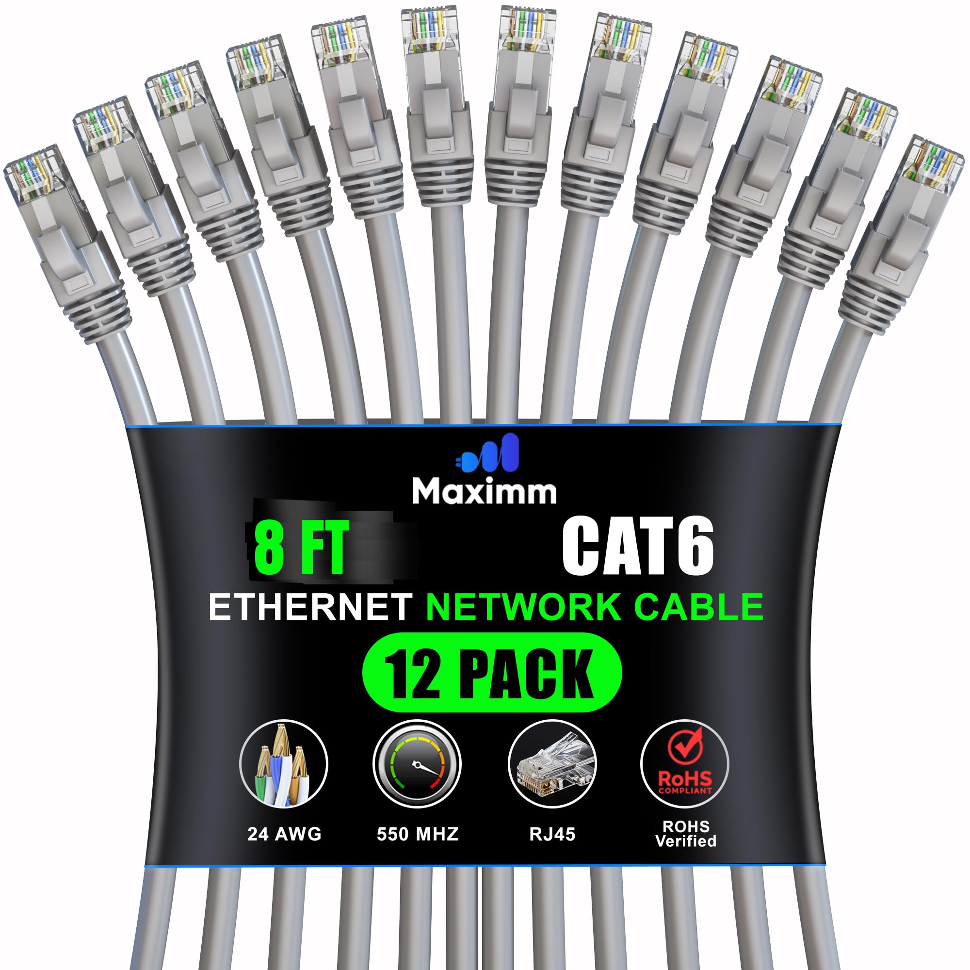 Maximm Cat 6 Ethernet Cable 8 Ft (12 Pack)   High Speed Lan Cable, Internet Cable, Patch Cable, And Network Cable   Utp, 10Gbps, 550Mhz Ethernet Cord   Gray