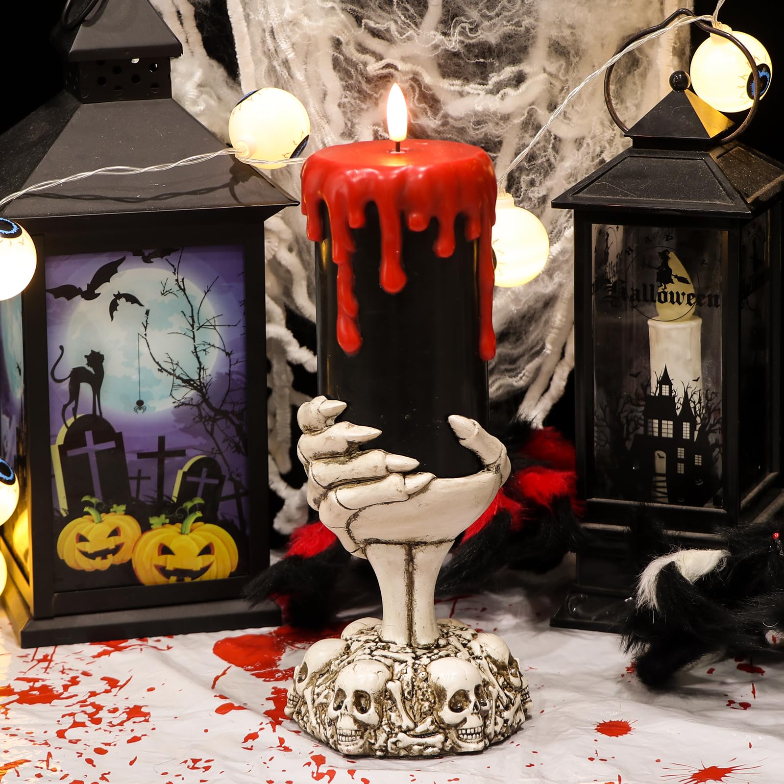 Dromance Black Flameless Flickering Candle With Timer, Blood Dripping Wax Effect Battery Operated Led Pillar Candle With Skeleto