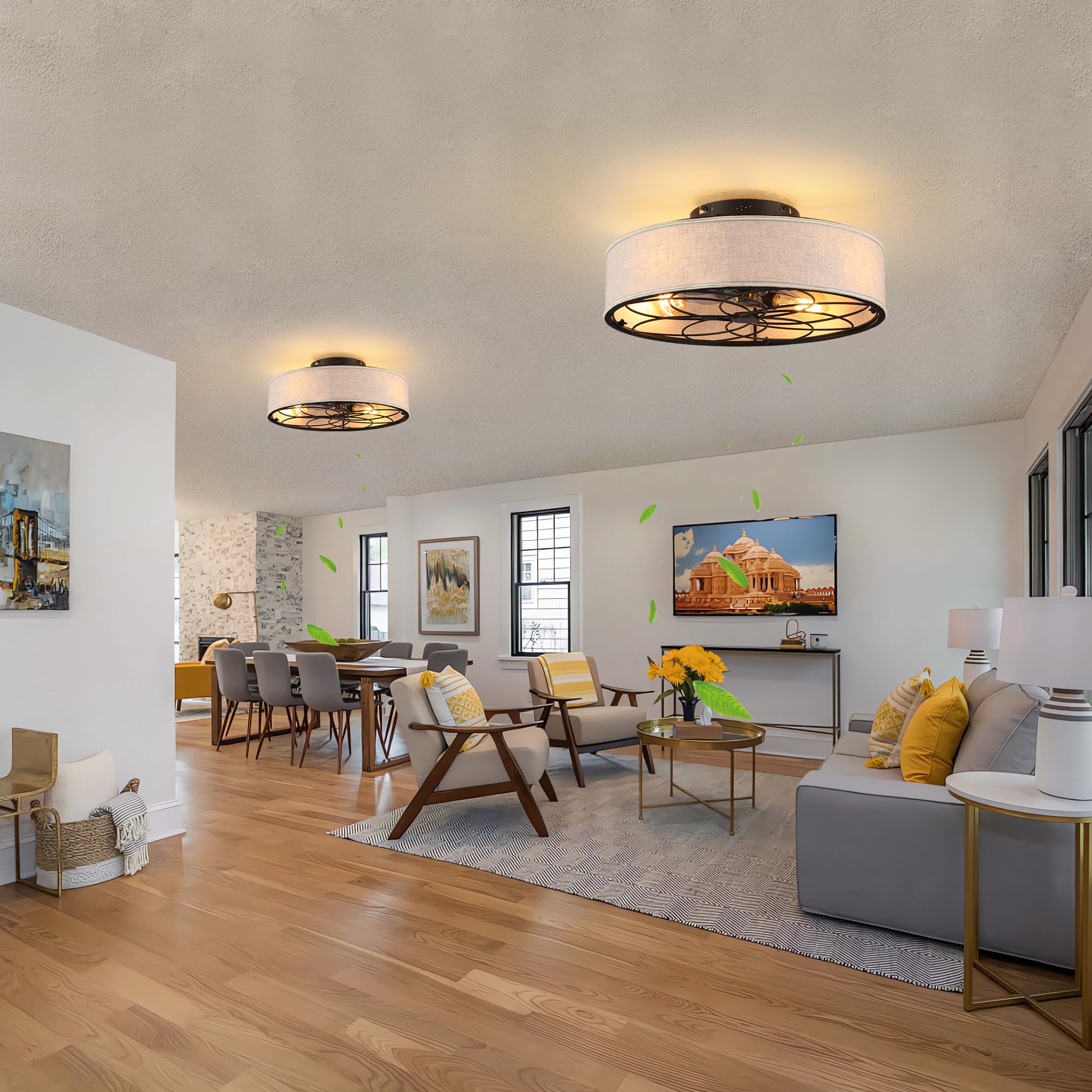 20'' Caged Ceiling Fan With Light Low Profile Fabric Farmhouse Bladeless Ceiling Fan With Remote Control,Low Profile Modern Encl