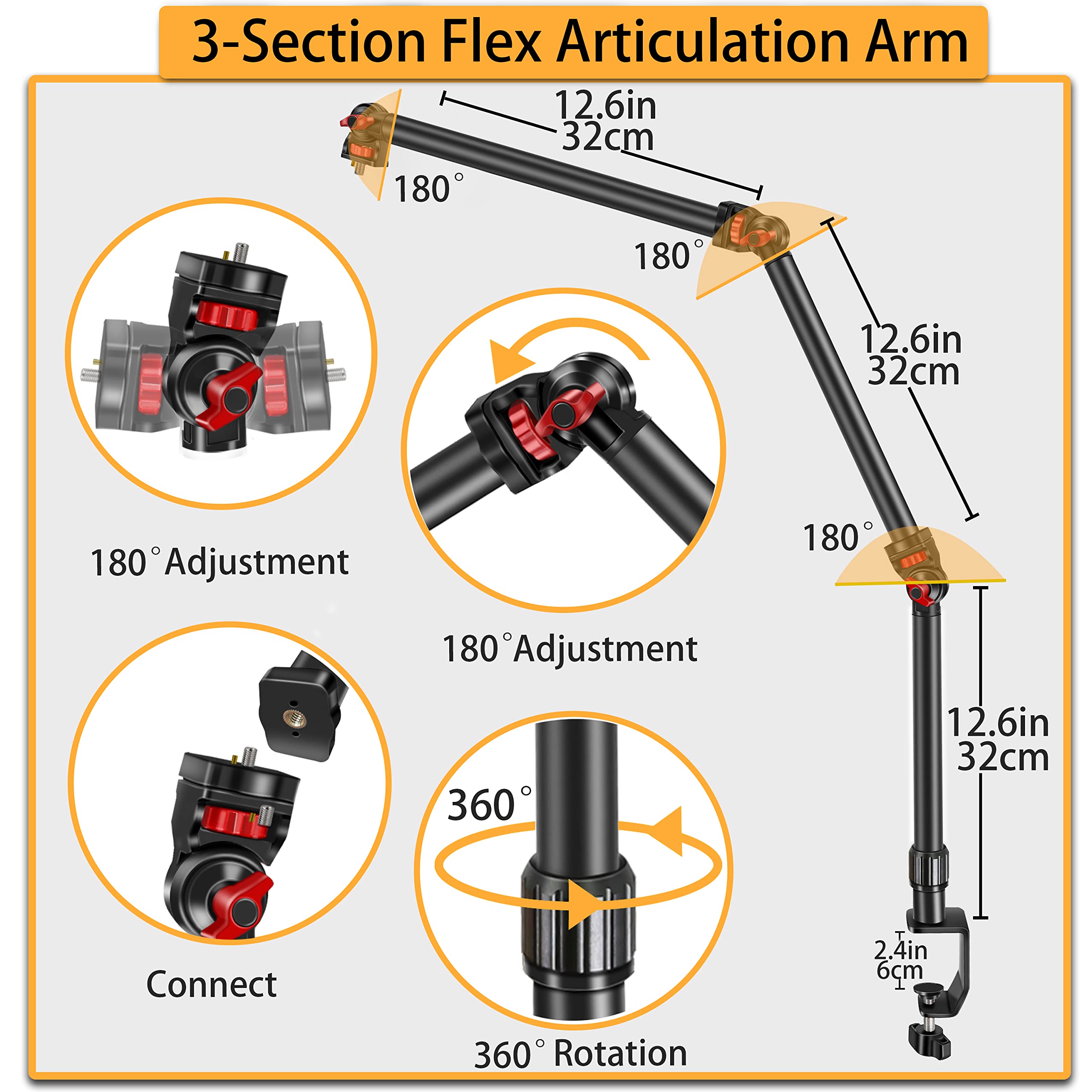 Overhead Camera Mount Desk Stand, 3 Section Flexible Detachable Articulating Arm With 1/4 3/8'' 5/8'' Screw&360 Ball Head, C Cla