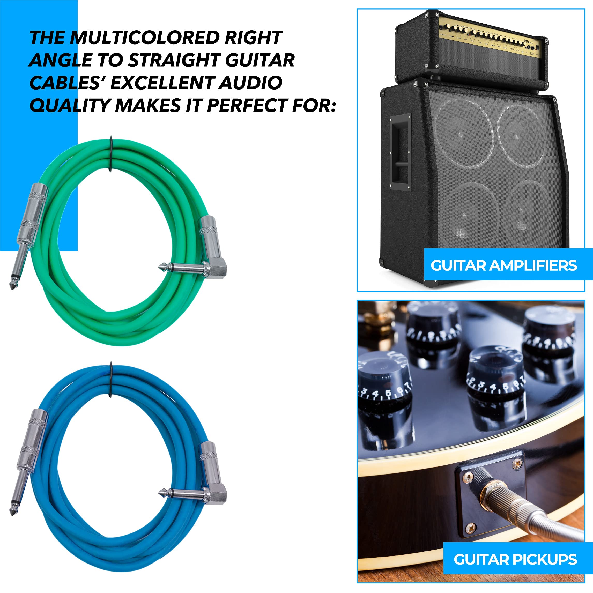 Seismic Audio Speakers Guitar Cables, Right Angle To Straight Guitar Cables, Multicolor, 10 Feet, 6 Pack