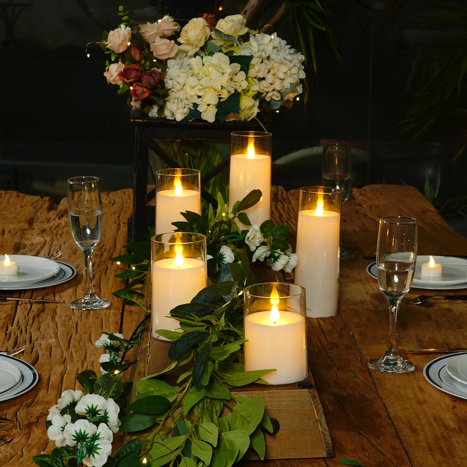 Raycare White Battery Operated Candles Flameless Candles With Timer And Remote, 5 Pcs Acrylic Flickering Led Pillar Candles For