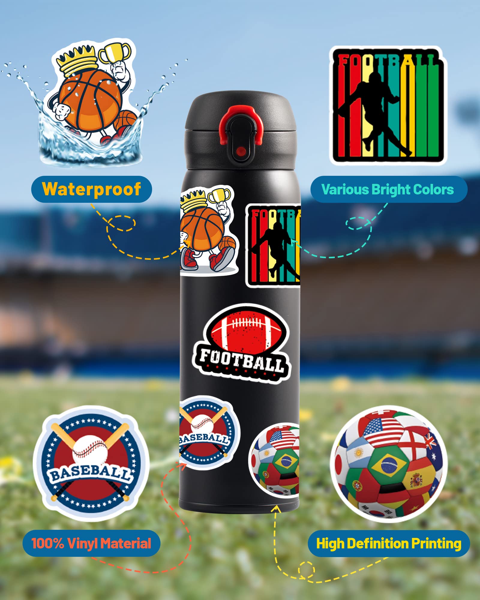 Pcnearty 300 Pcs Sport Stickers For Kids, Water Bottle Stickers, Cute Vinyl Waterproof Hydroflask Phone Skateboard Laptop Sticke