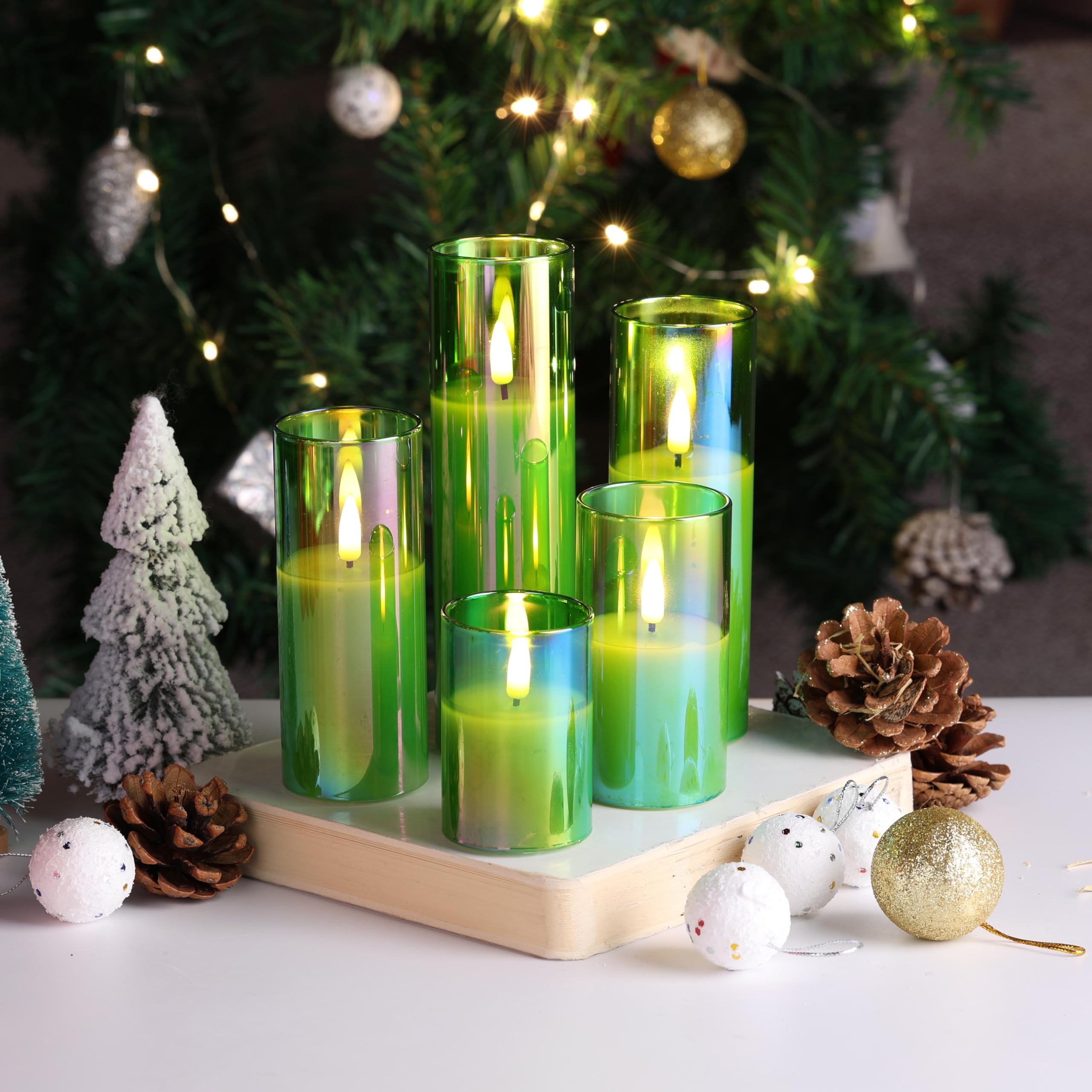 Eywamage 5 Pack Green Glass Flameless Candles With Remote, Flickering Slim Tall Led Pillar Votive Candles Battery Included