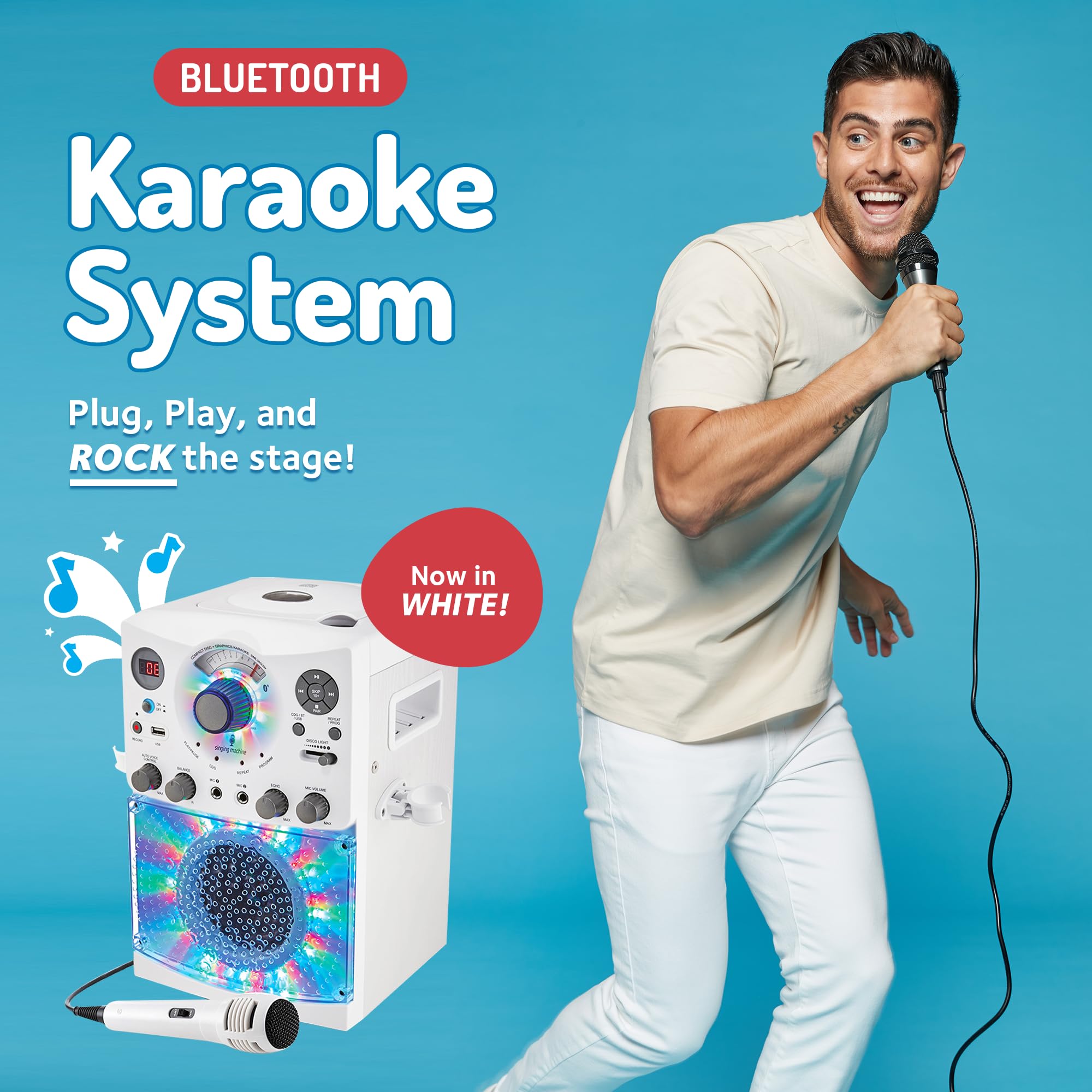Singing Machine Portable Karaoke Machine For Adults & Kids With Wired Microphone, White   Built In Speaker, Bluetooth With Led D