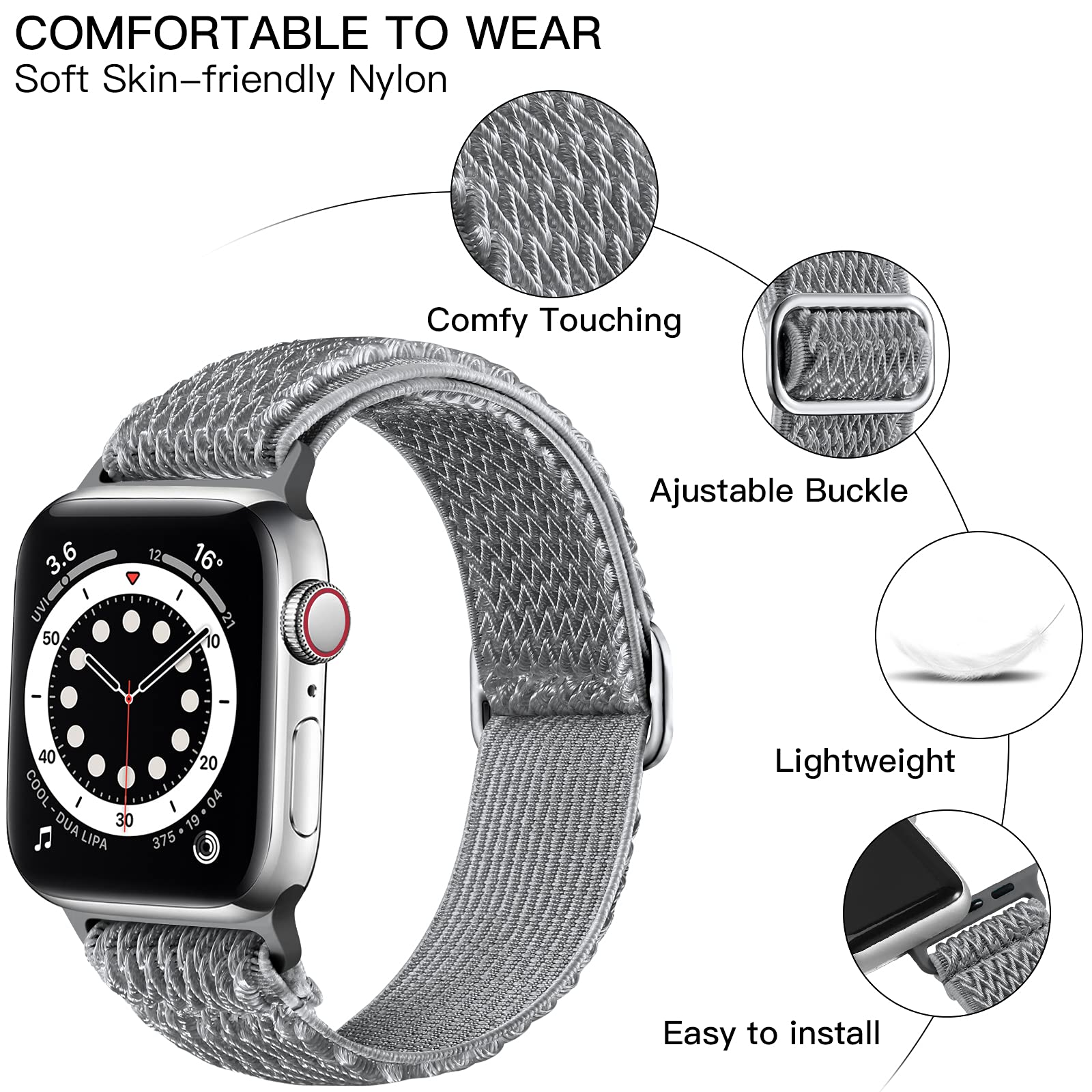 Lerobo Compatible With Apple Watch Band Series 8 41Mm 40Mm 38Mm 45Mm 42Mm 44Mm For Women Men,Soft Adjustable Braided Stretchy Solo Loop Nylon Bands Compatible For Apple Watch Ultra 2 Se Iwatch Series 9 8 7,Series 6 5 4 3 2 1 Gray