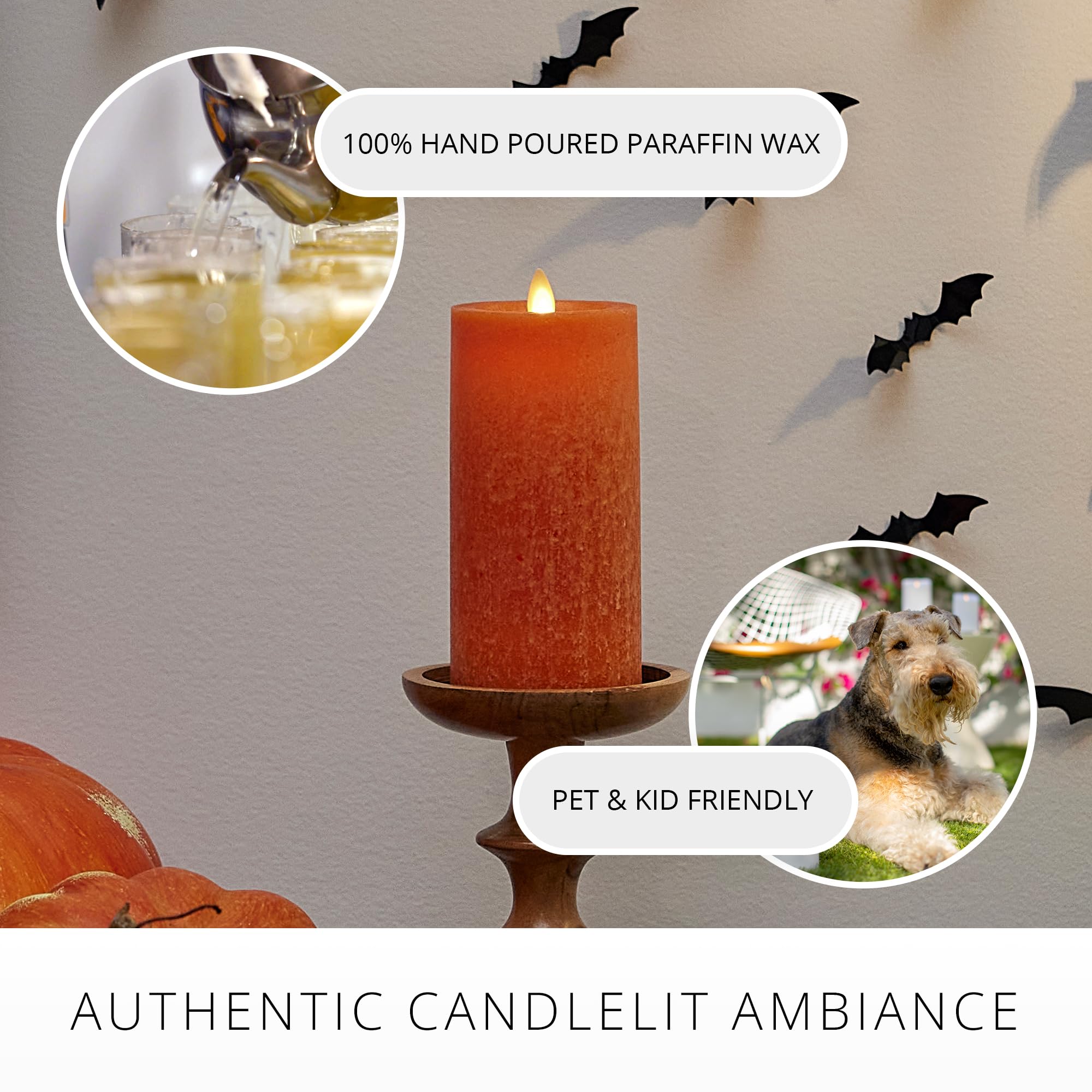 Luminara Sea Glass Flameless Candle, Harvest Pumpkin 3'' X 4.5'', Moving Led Flame Pillar With Timer, Battery Operated, Real Wax