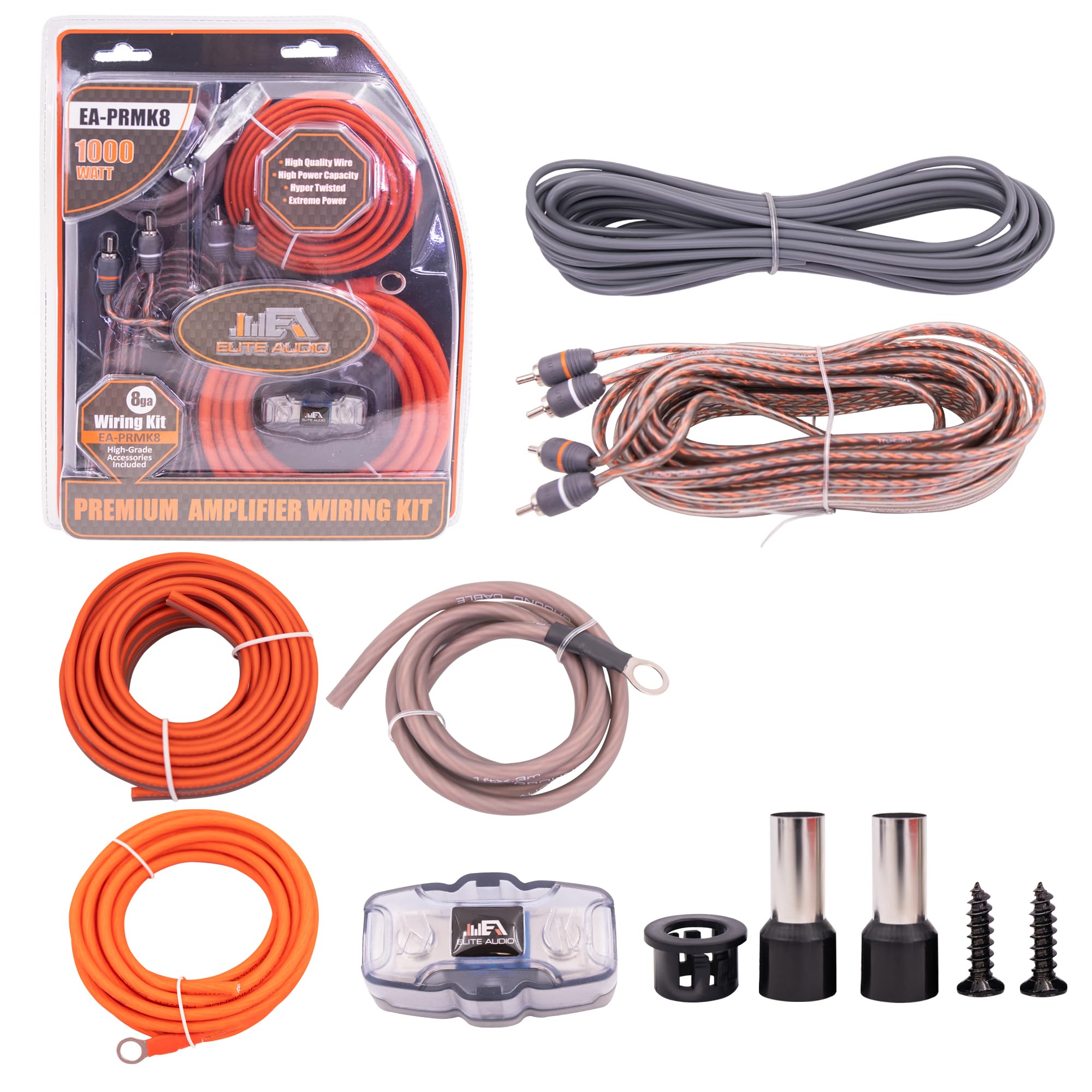 Elite Audio Premium Series 8 Gauge Amp Kit   1000W Max Power, Copper Clad Aluminum Wire, Triple Shielded Rca Cables, High Power Capacity, Mini Anl Fuse Holder, Car Amplifier Install Kit   Ea Prmk8