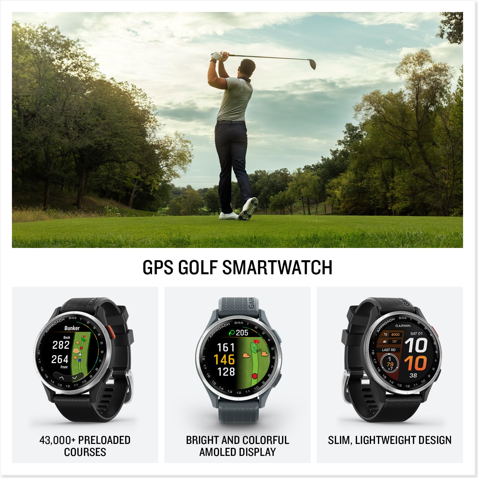 Garmin Approach S44, Essential Golf Gps Smartwatch, Amoled Display, On-Course Features, Silver Aluminum Bezel With Black Silicon