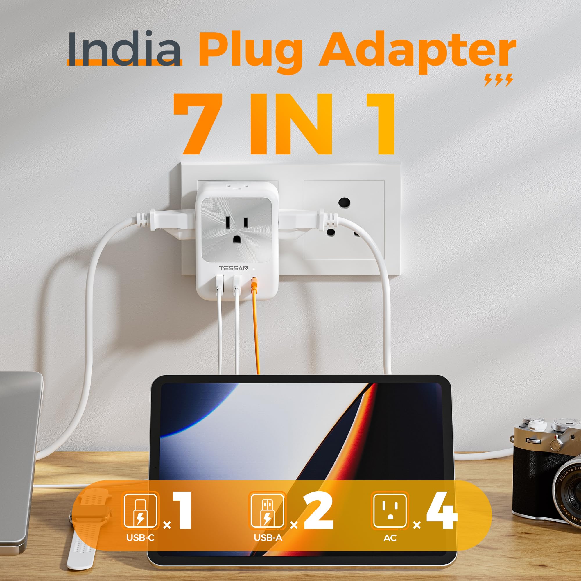 Us To India Plug Adapter 2 Pack, Tessan Type D Travel Adapter With 4 Ac Outlets 3 Usb Ports (1 Usb C), 7 In 1 India Travel Plug