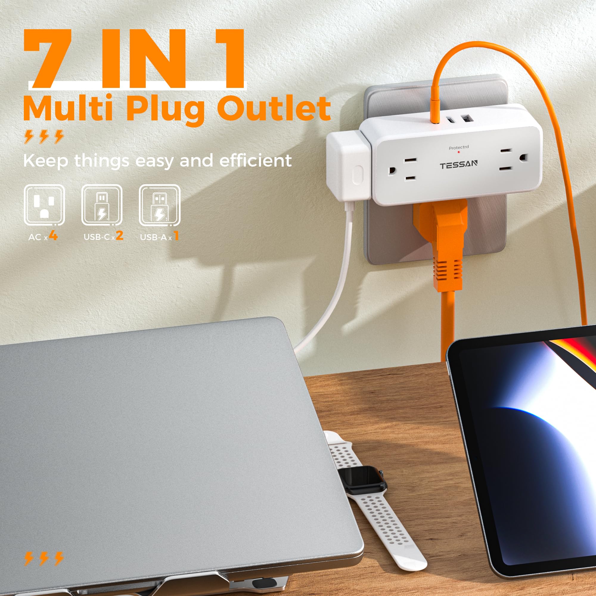 Multi Plug Outlet Splitter, Tessan Surge Protector 4 Outlets Extender With 3 Usb Ports (2 Usb C), 3 Sided Multiple Plug Expander