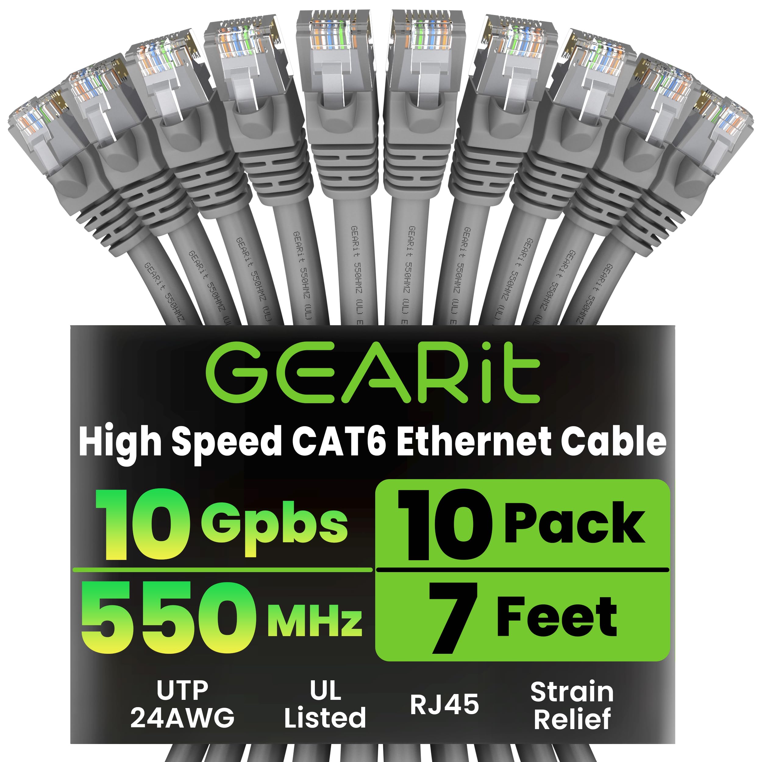 GearIT Cat 6 Ethernet Cable (10-Pack 7 Feet) Cat6 Network Patch, 10Gbps, RJ45, Snagless Cord, Gold-Plated Connectors, Internet f