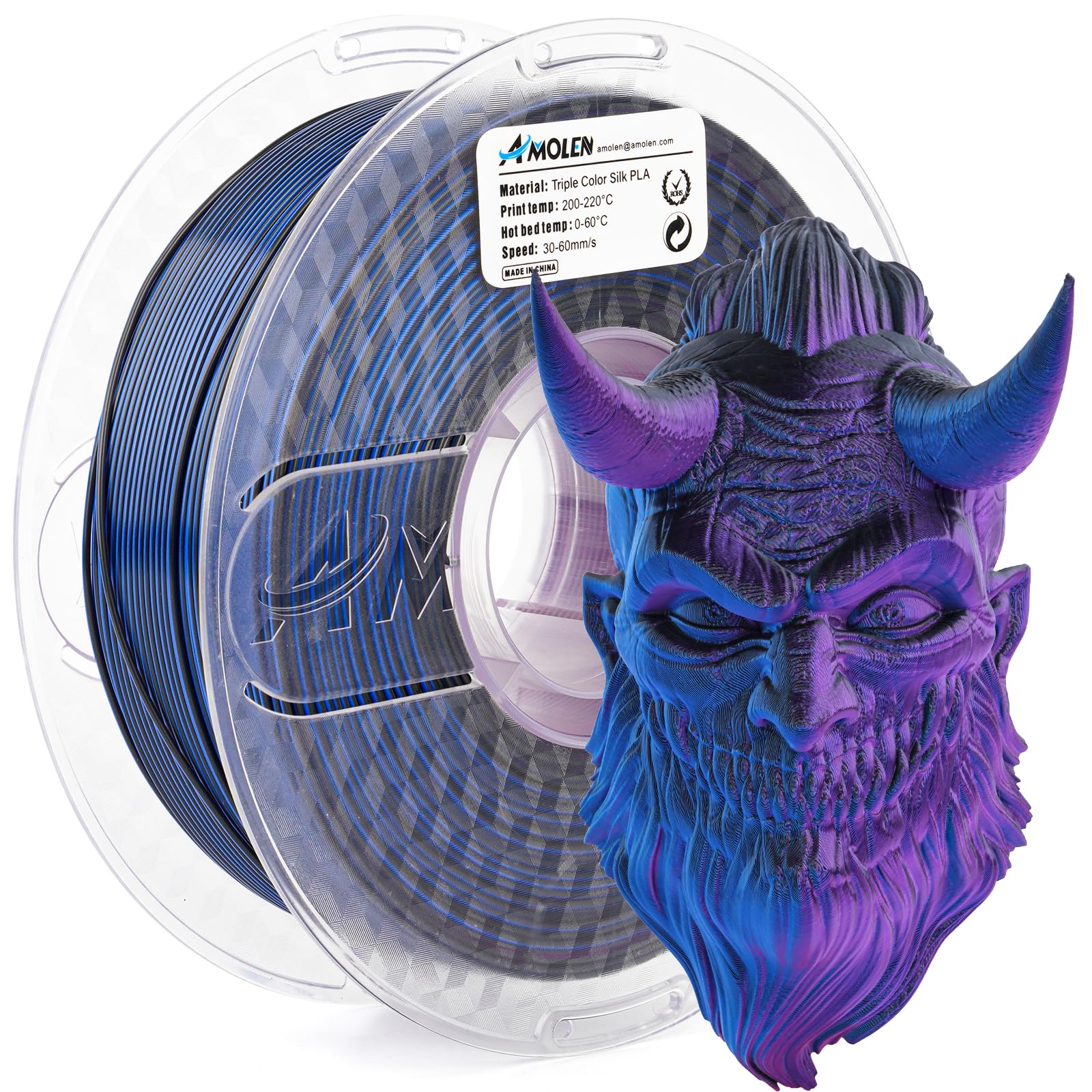 AMOLEN Silk PLA 3D Printer Filament, Tri Color Black Blue Purple PLA 1.75mm, Shiny Multi Color Change Filament 3D Printing PLA F