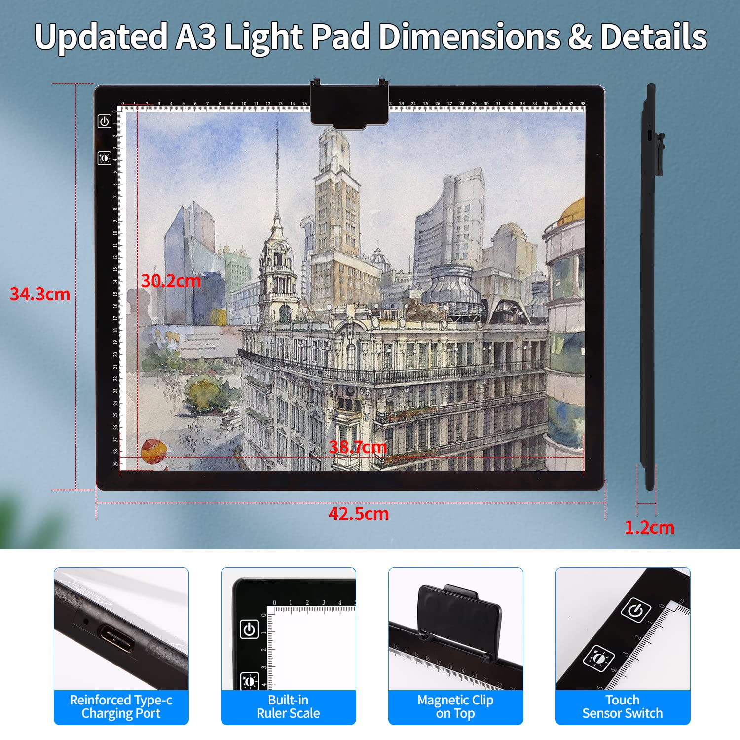 A3 Light Pad, Elice Tracing Light Box 3 Colors Mode Stepless Dimmable And 6 Levels Of Brightness Light Copy Pad, Wireless Rechar