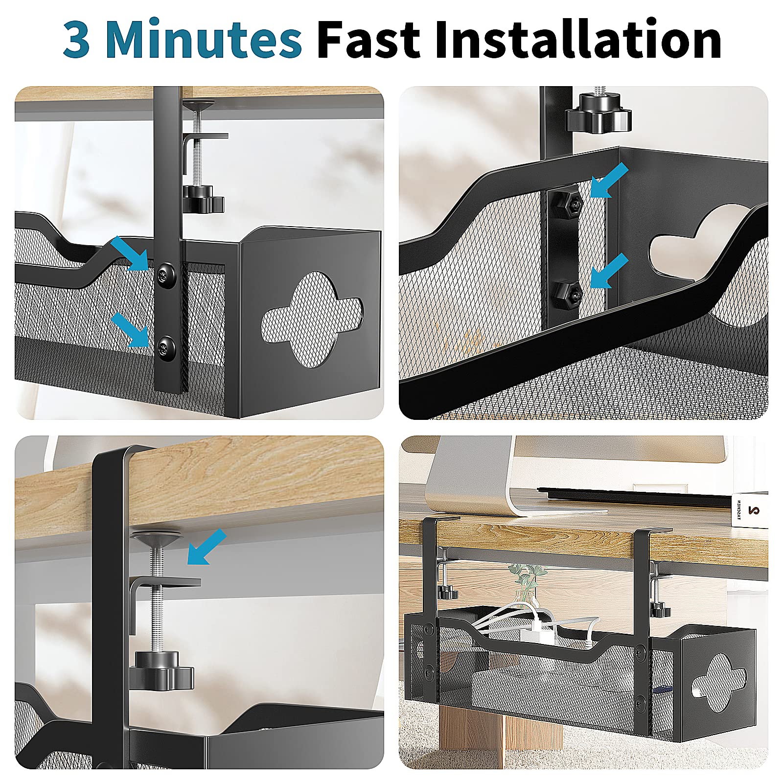 Under Desk Cable Management Tray 2 Pack, Cable Management Under Desk No Drill, Desk Cable Organizer With Clamp Easy To Install F