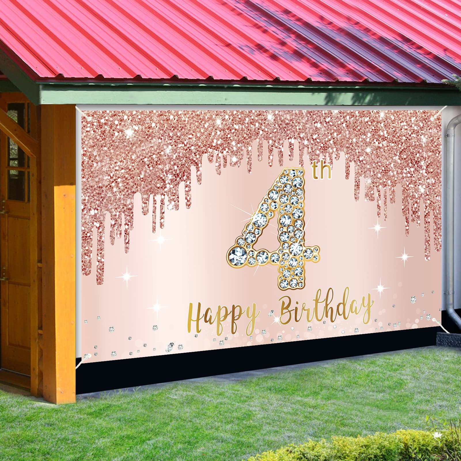 Happy 4Th Birthday Banner Backdrop Decorations For Girls, Rose Gold 4 Year Old Birthday Party Sign Supplies, Pink Fourth Birthda