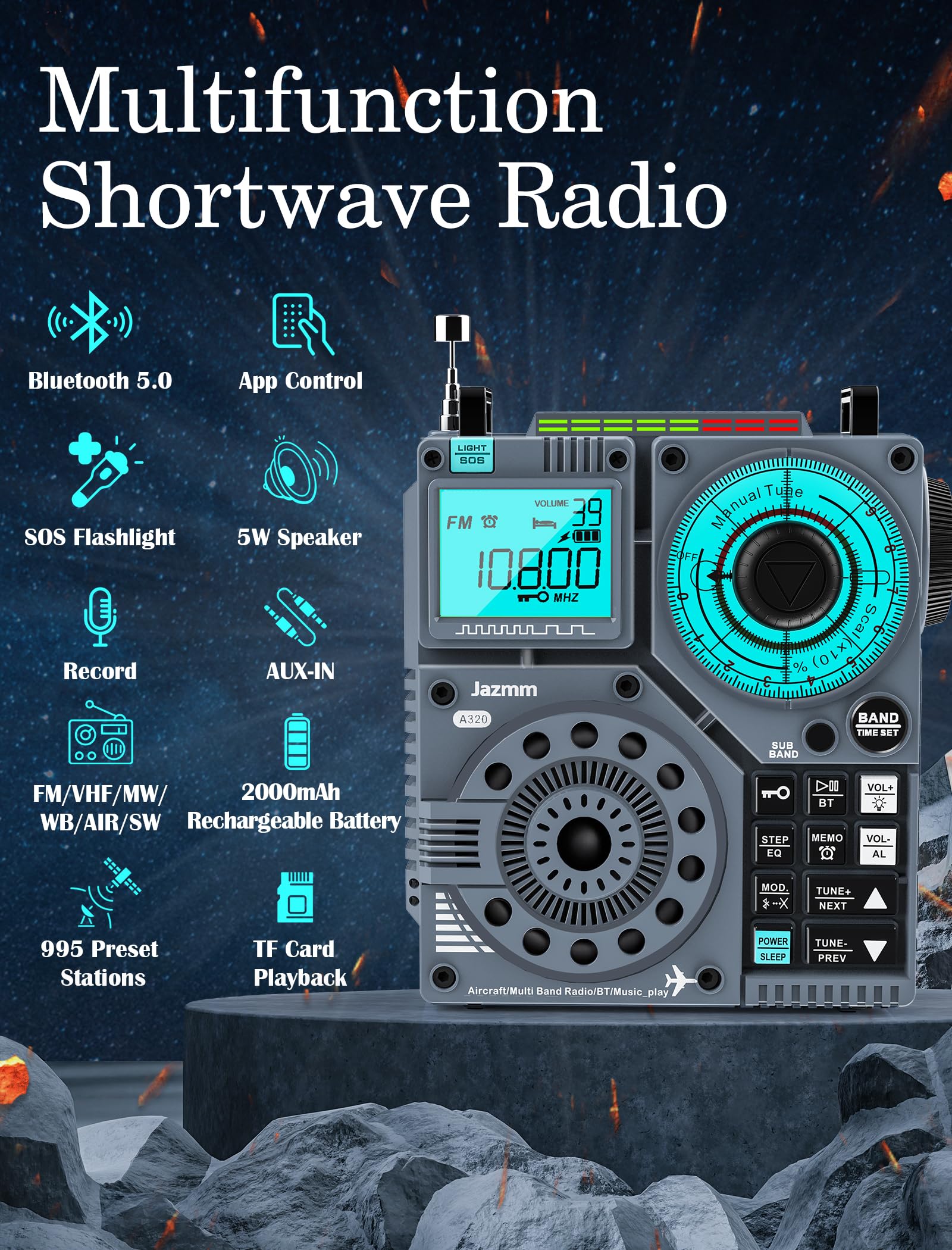 Jazmm Portable Shortwave Radio With 5W Bass Sound, Air/Am/Fm/Vhf/Sw/Wb Worldband Radio With Bluetooth And App Control, 2000Mah Rechargeable Radio With 9.85 Ft Wire Antenna,Flashlight,Recording