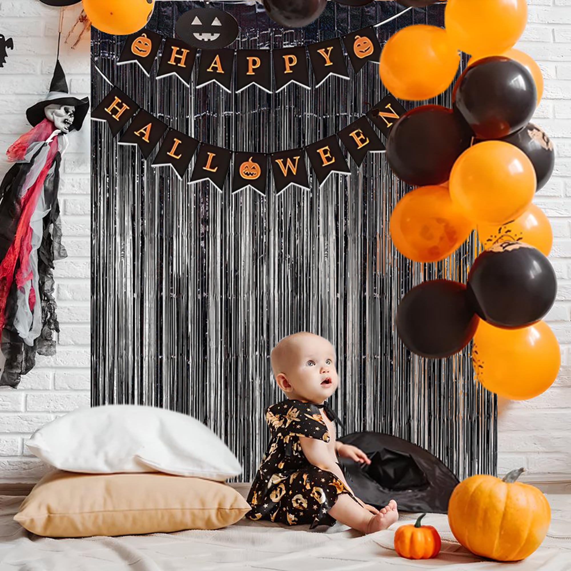 Braveshine Black Halloweens Party Foil Fringe Curtains   2 Pack Metallic Tinsel Photo Booth Streamers Backdrop For Birthdays, St