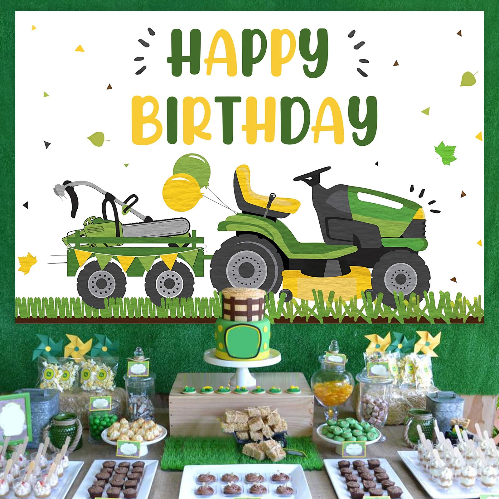 Sursurprise Lawnmower Birthday Party Decorations, Lawn Mower Green Grass Backdrop 5 X 3Ft, Tractor Birthday Photography Backgrou